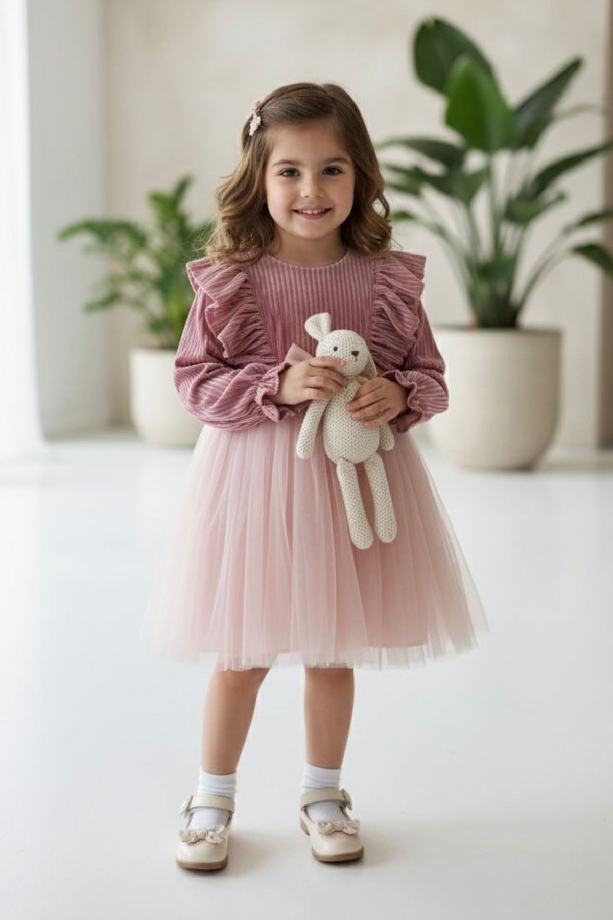 Miniğimin Cicileri Fırfır Detaylı Fiyonklu Kadife Üstlü Tül Etek Kız Çocuk Elbise - Pudra
