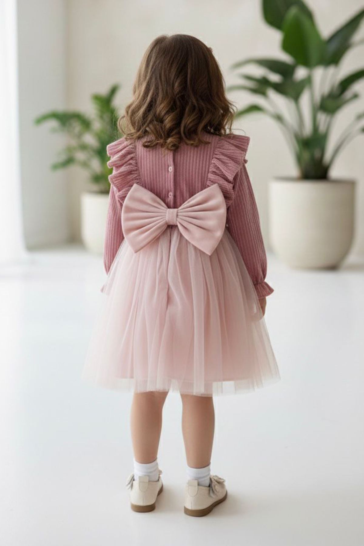 Miniğimin Cicileri Fırfır Detaylı Fiyonklu Kadife Üstlü Tül Etek Kız Çocuk Elbise - Pudra