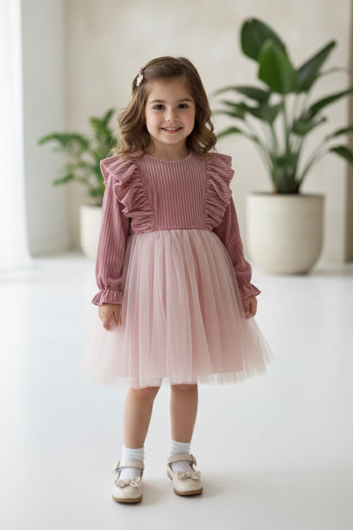 Miniğimin Cicileri Fırfır Detaylı Fiyonklu Kadife Üstlü Tül Etek Kız Çocuk Elbise - Pudra