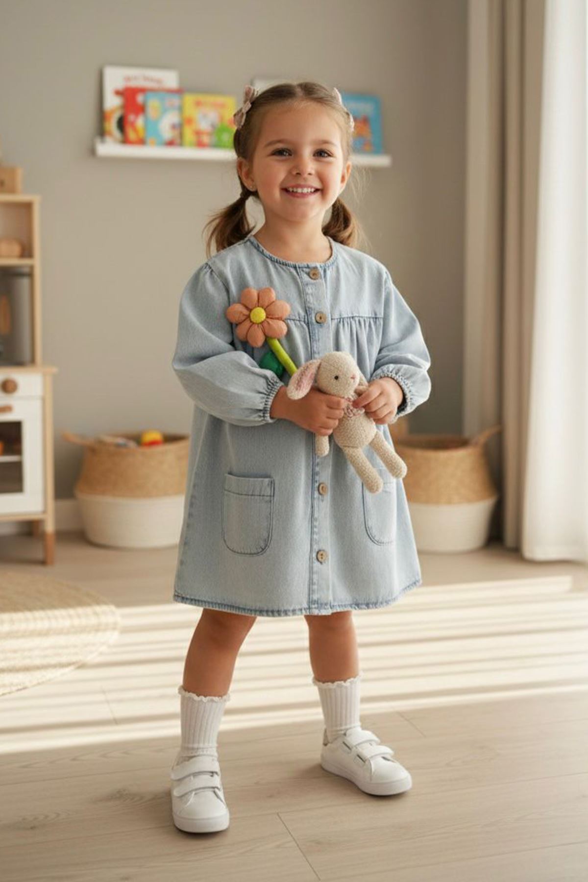 Miniğimin Cicileri Çiçek Aplikeli Düğmeli Cepli Kot Kız Çocuk Elbise - Buz Mavisi