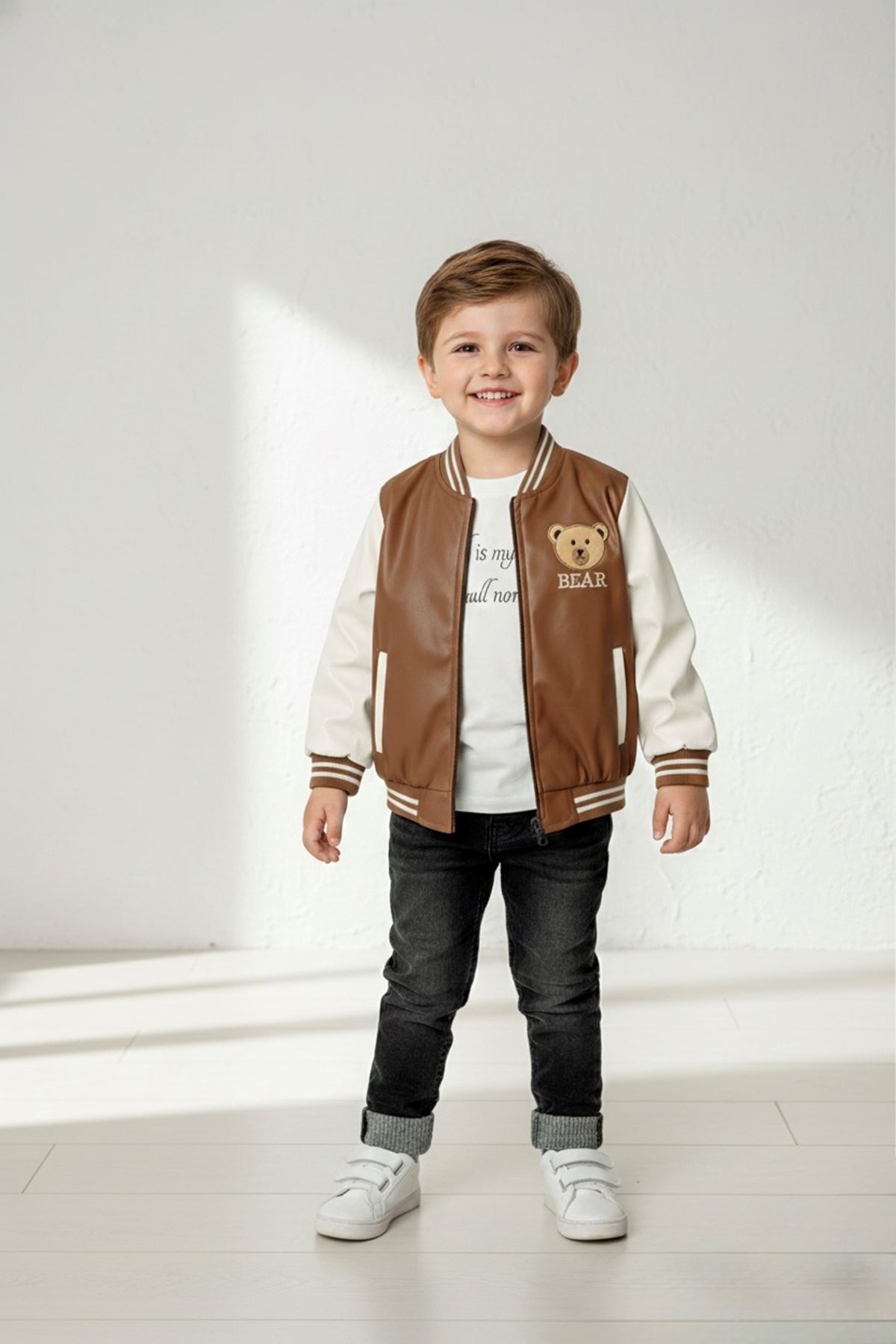 Miniğimin Cicileri Ayıcık Deri Kolej Montlu Erkek Çocuk 3 lü Takım - Kahverengi