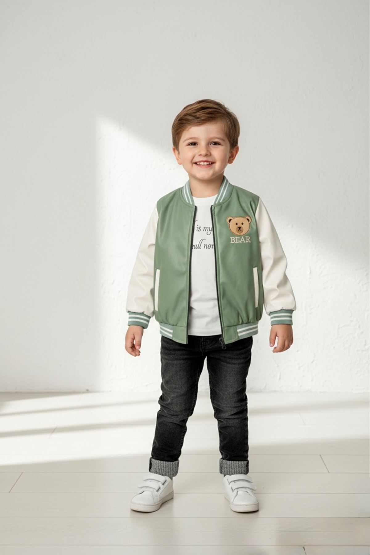 Miniğimin Cicileri Ayıcık Deri Kolej Montlu Erkek Çocuk 3 lü Takım - Yeşil
