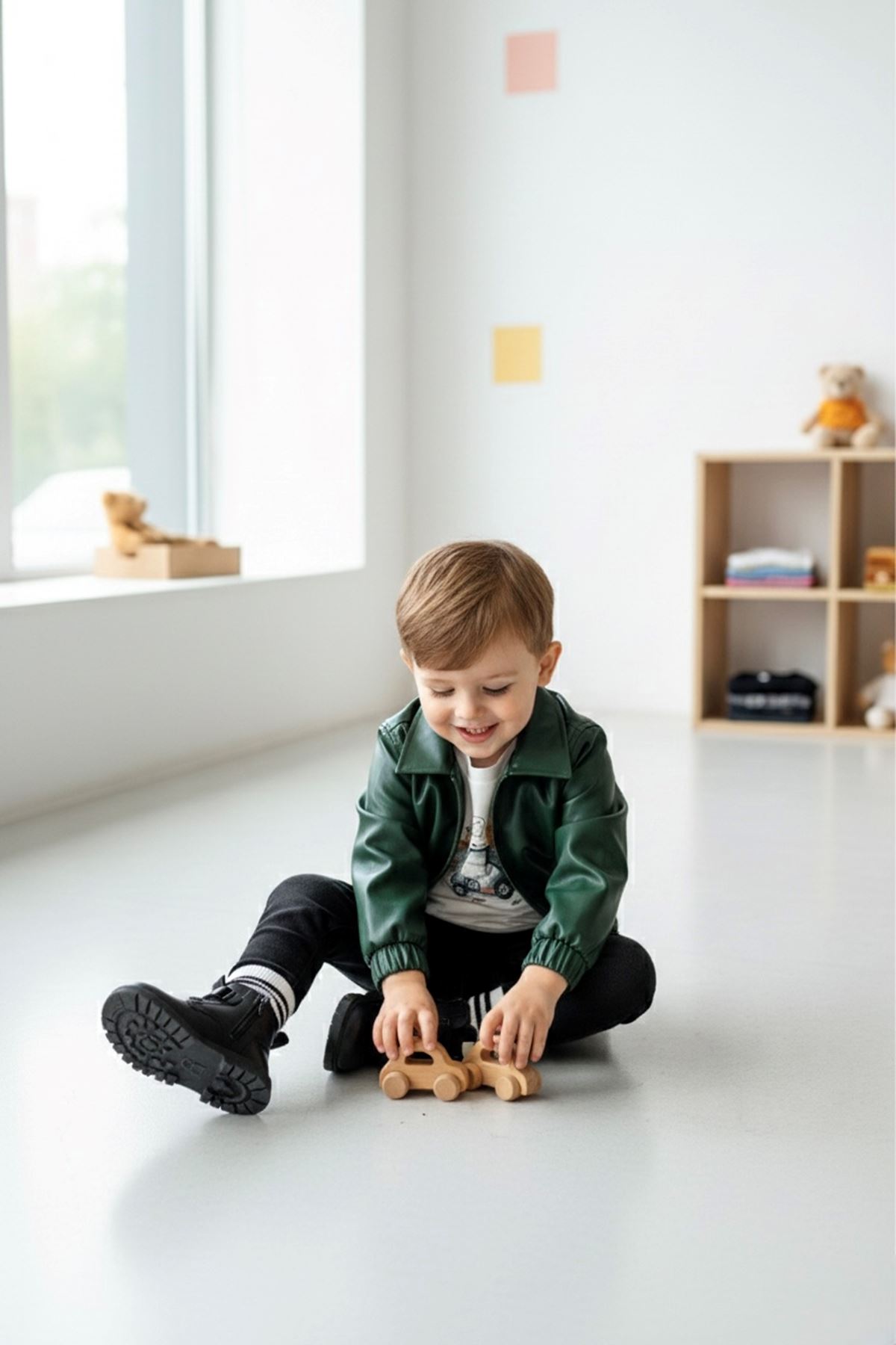 Miniğimin Cicileri Astarlı Yumuşak Deri Trençkotlu Erkek  Çocuk 3 lü Takım - Yeşil