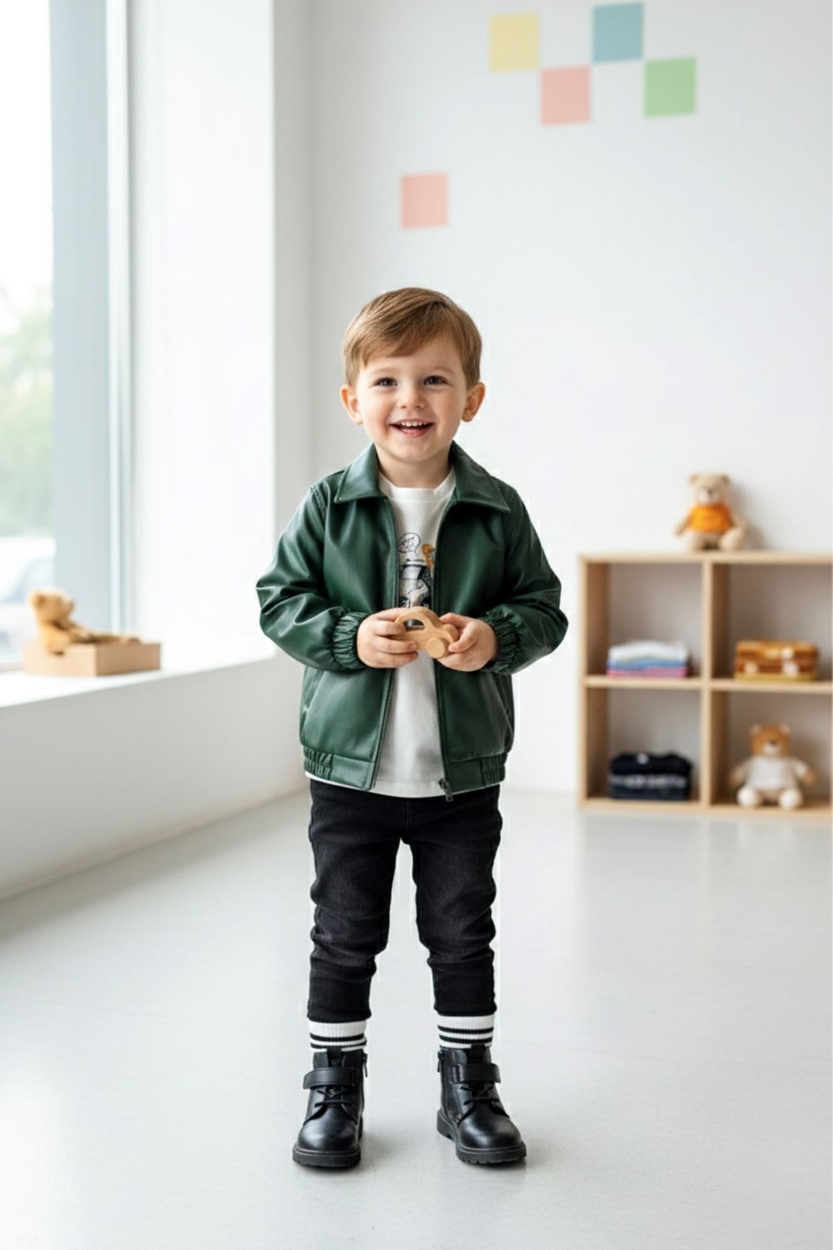 Miniğimin Cicileri Astarlı Yumuşak Deri Trençkotlu Erkek  Çocuk 3 lü Takım - Yeşil