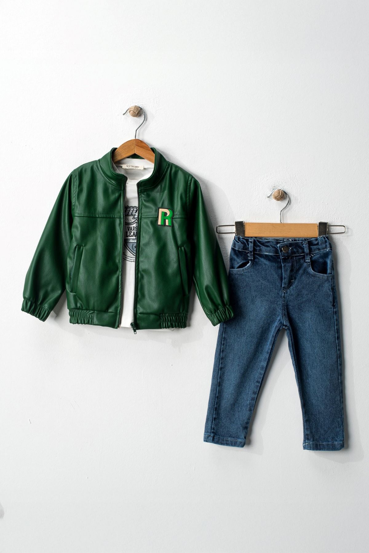 Miniğimin Cicileri R Armalı Astarlı Yumuşak Deri Trençkotlu Erkek Çocuk 3 lü Takım - Yeşil