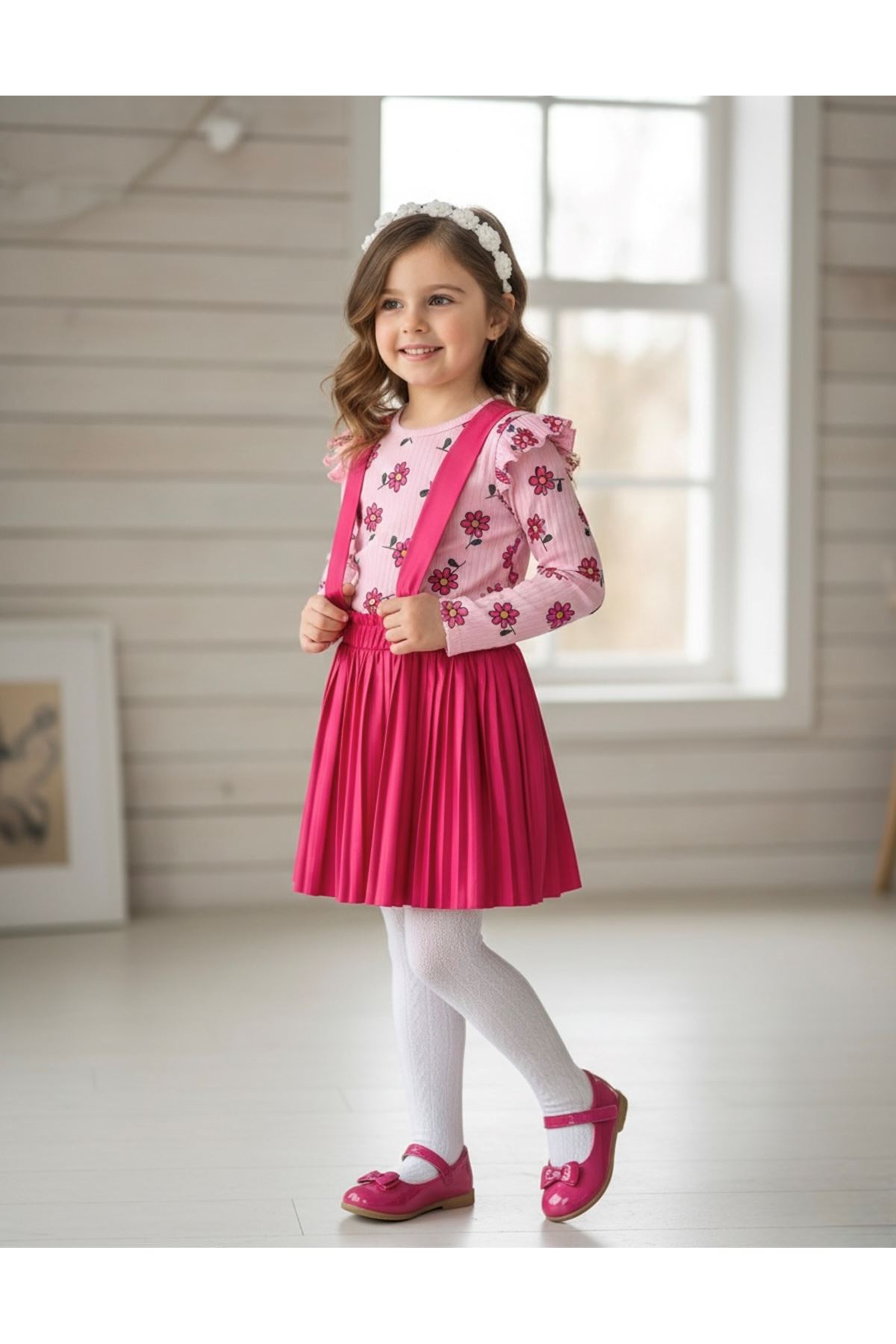 Miniğimin Cicileri Pilise Deri Salopet ve Papatya Baskılı Kız çocuk Takım - Pembe