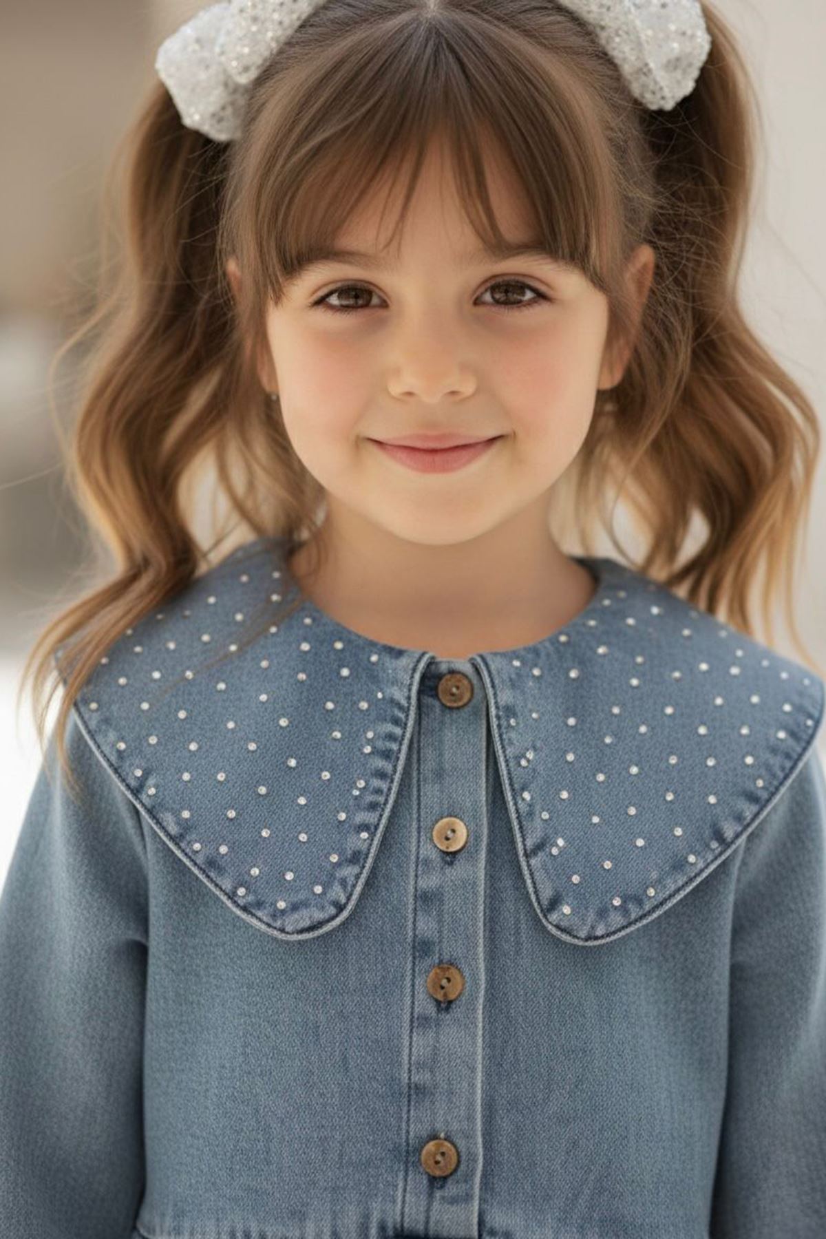 Miniğimin Cicileri Taş Detaylı Kız Çocuk Kot Elbise - Açık Mavi