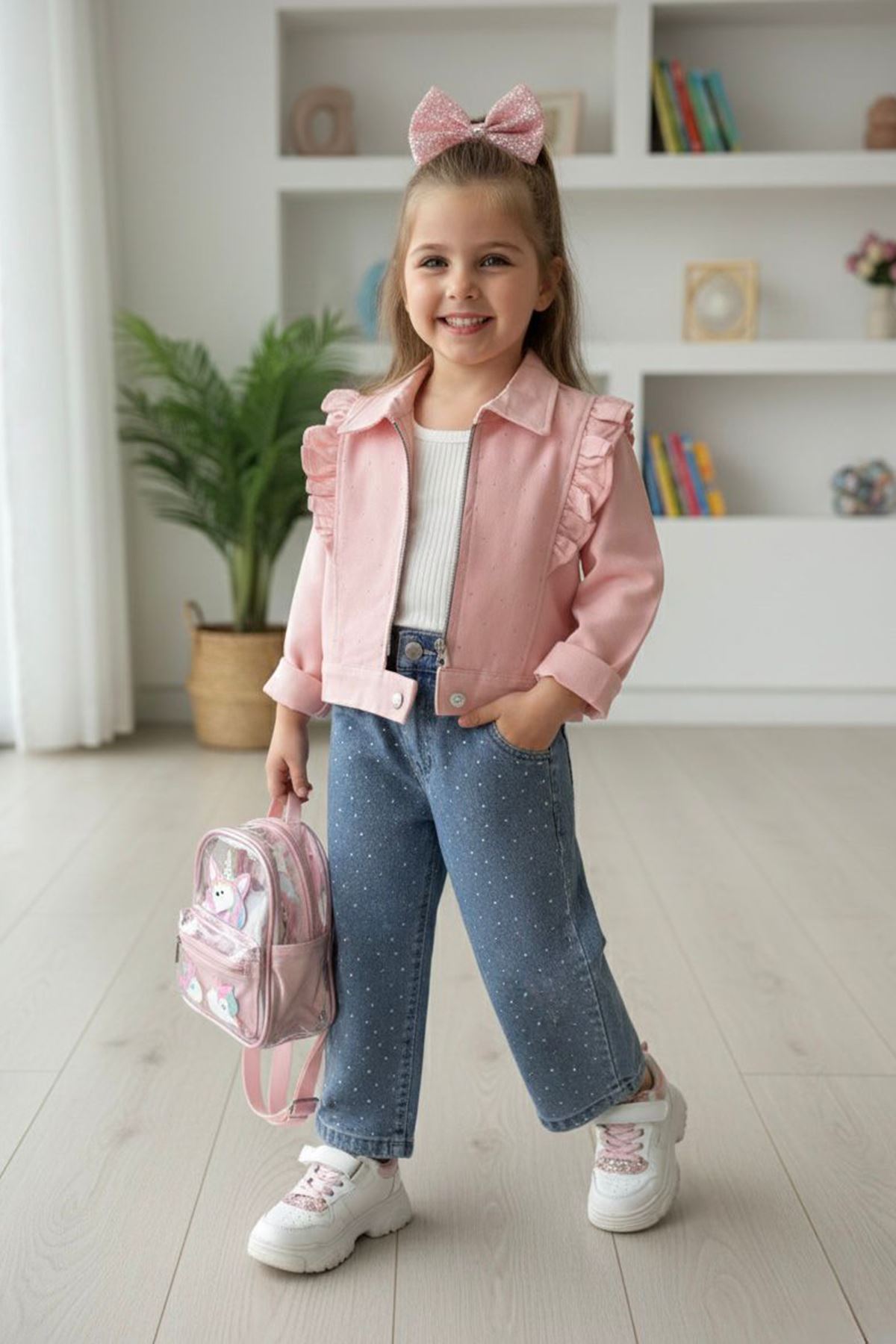 Miniğimin Cicileri Şık Ceketli Taşlı Kot Pantolonlu Kız Çocuk Takım - Pembe