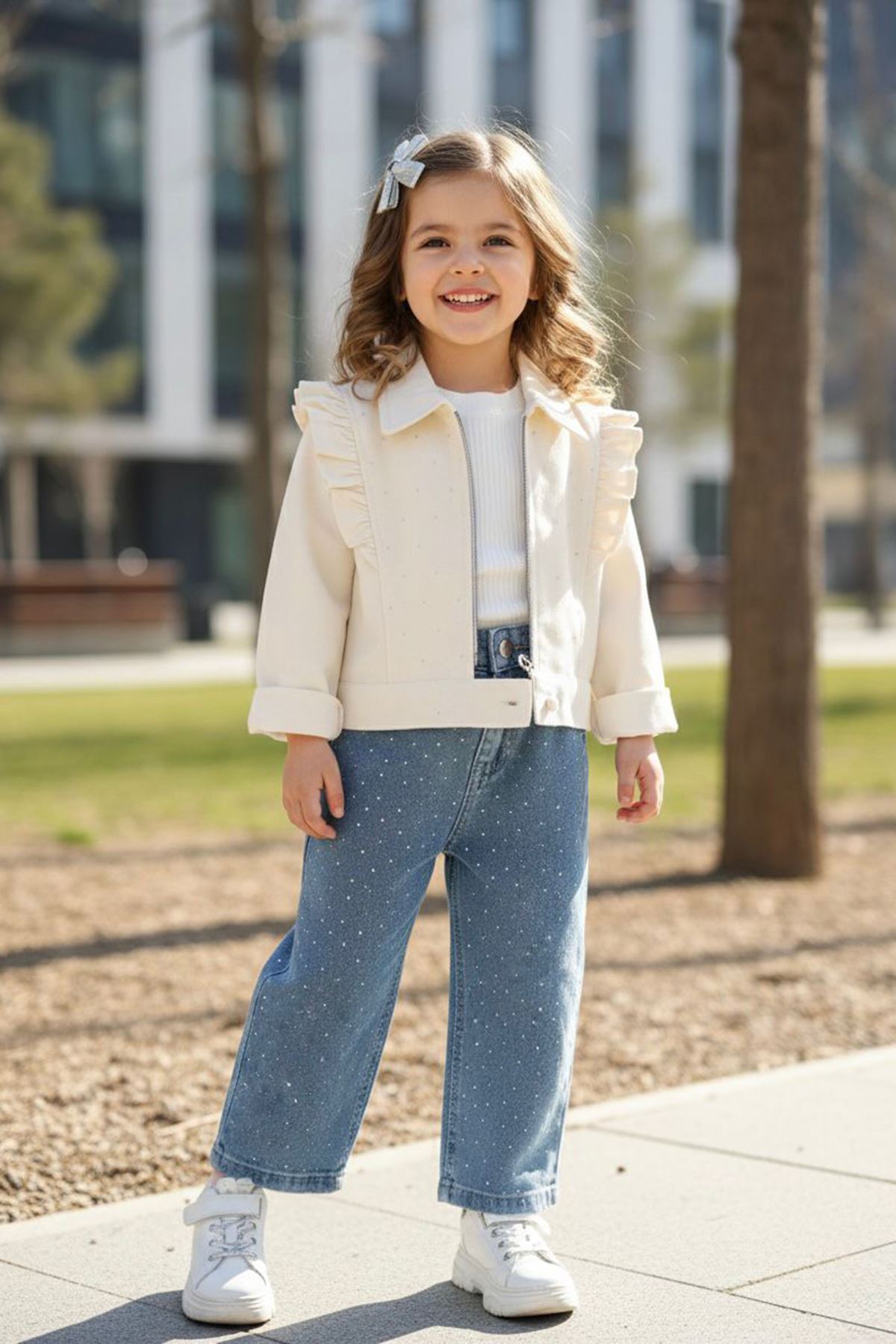 Miniğimin Cicileri Şık Ceketli Taşlı Kot Pantolonlu Kız Çocuk Takım - Bej