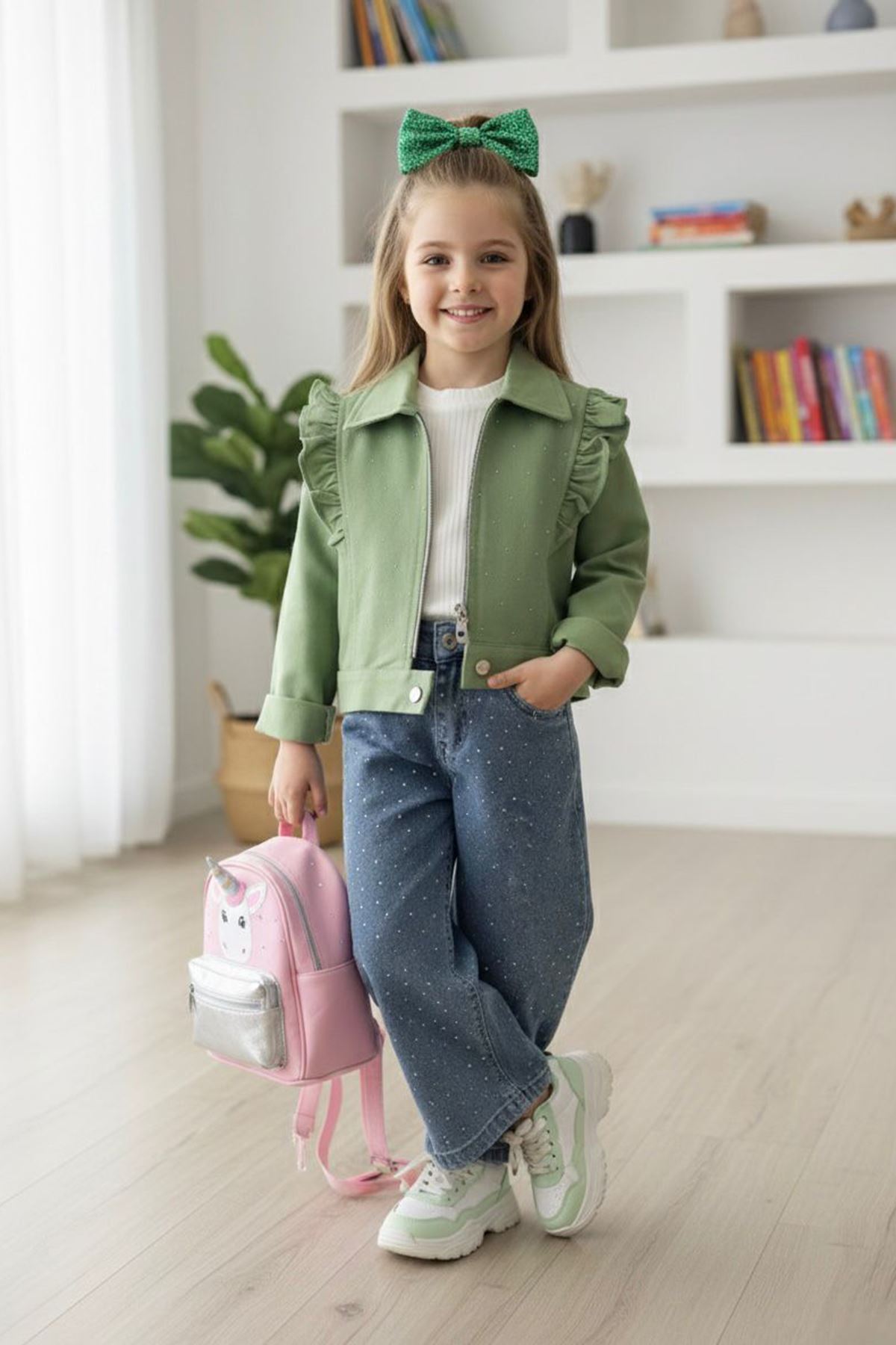 Miniğimin Cicileri Şık Ceketli Taşlı Kot Pantolonlu Kız Çocuk Takım - Yeşil