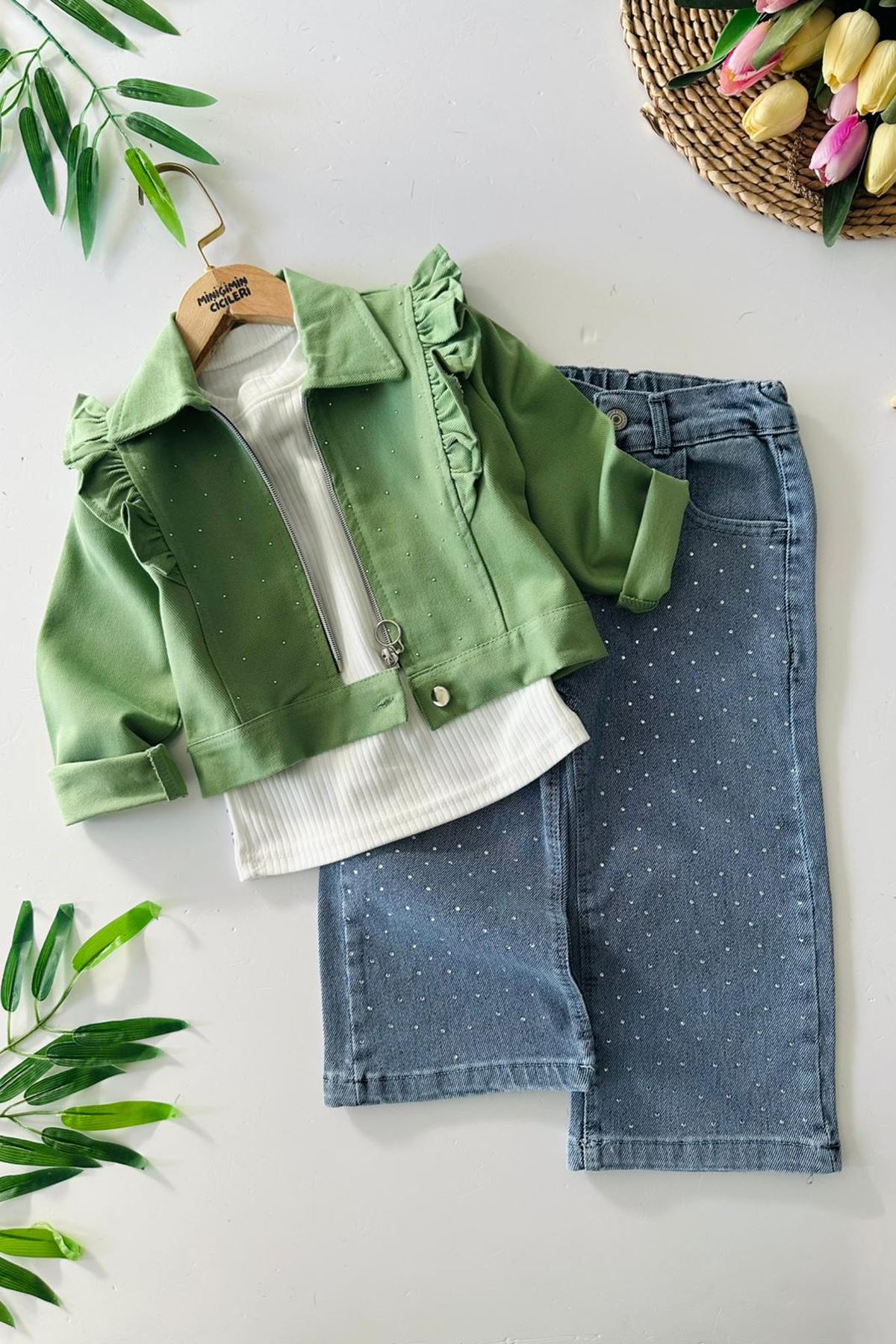 Miniğimin Cicileri Şık Ceketli Taşlı Kot Pantolonlu Kız Çocuk Takım - Yeşil