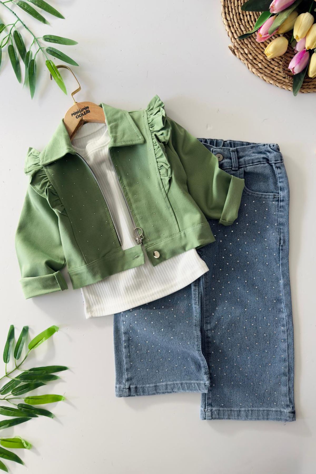 Miniğimin Cicileri Şık Ceketli Taşlı Kot Pantolonlu Kız Çocuk Takım - Yeşil