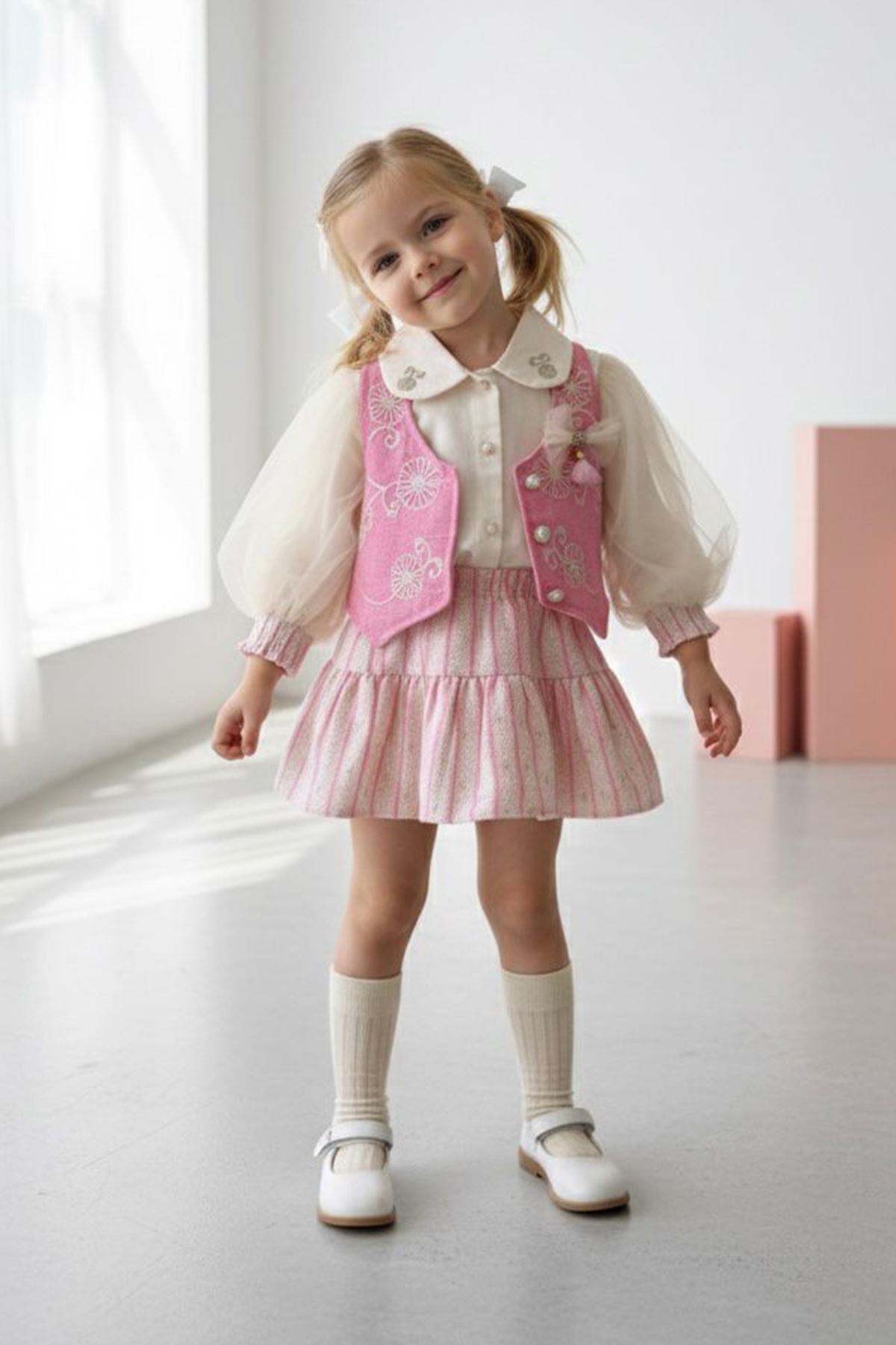 Miniğimin Cicileri Vintage Nakış Detaylı Yelekli Kız Çocuk Elbise Takımı - Pembe