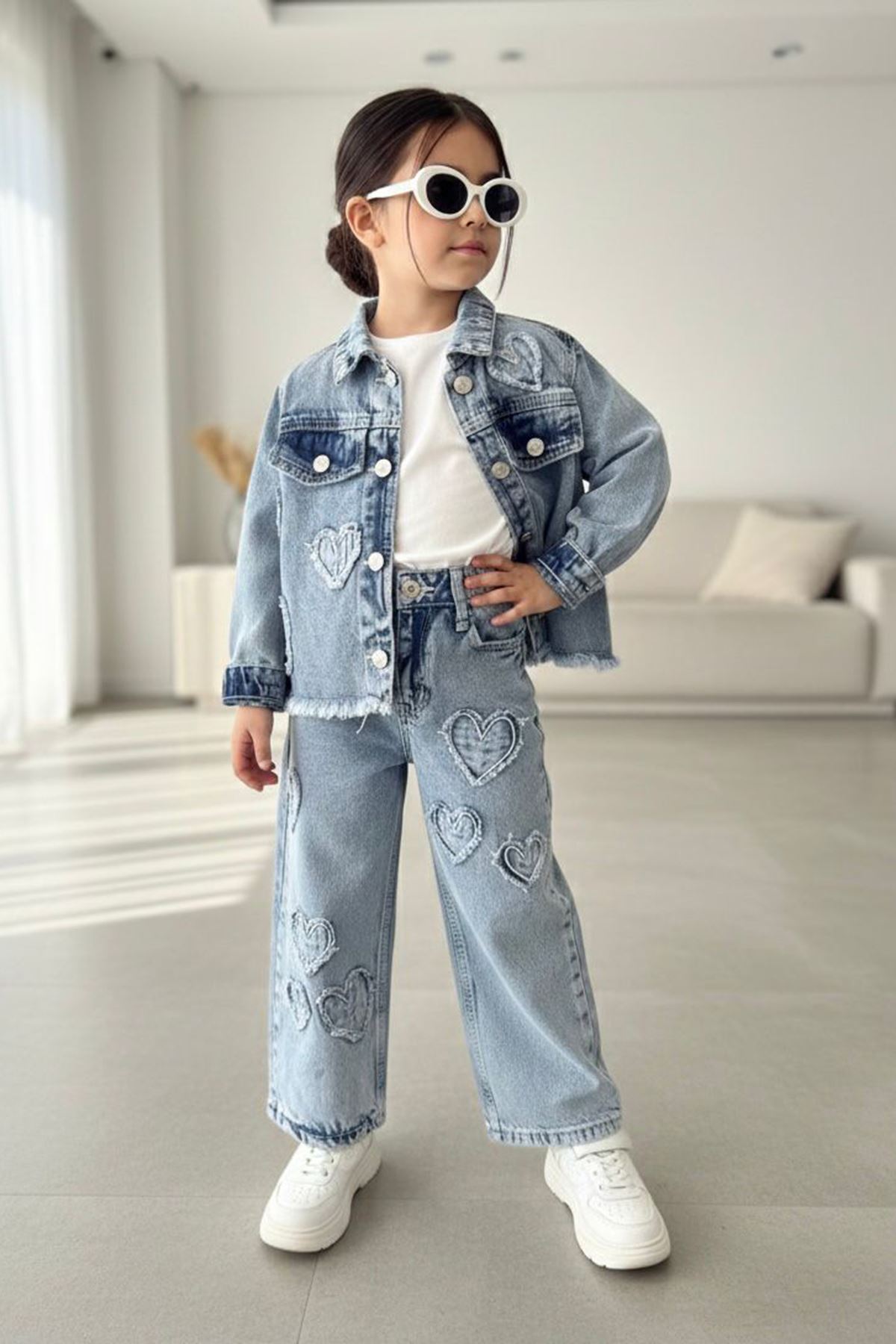 Miniğimin Cicileri Kalp Yama Detaylı Kız Çocuk Ceketli 2 li Takım - Açık Mavi