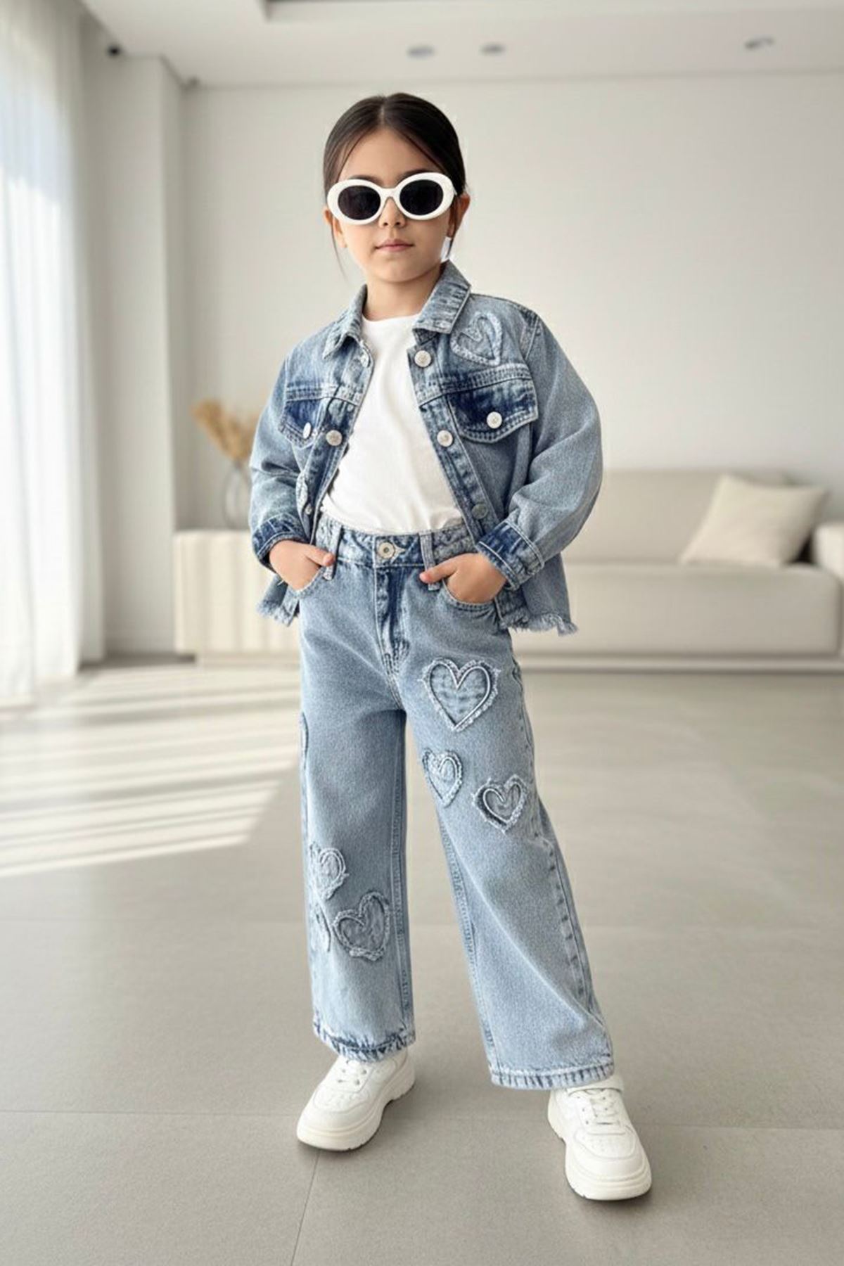 Miniğimin Cicileri Kalp Yama Detaylı Kız Çocuk Ceketli 2 li Takım - Açık Mavi
