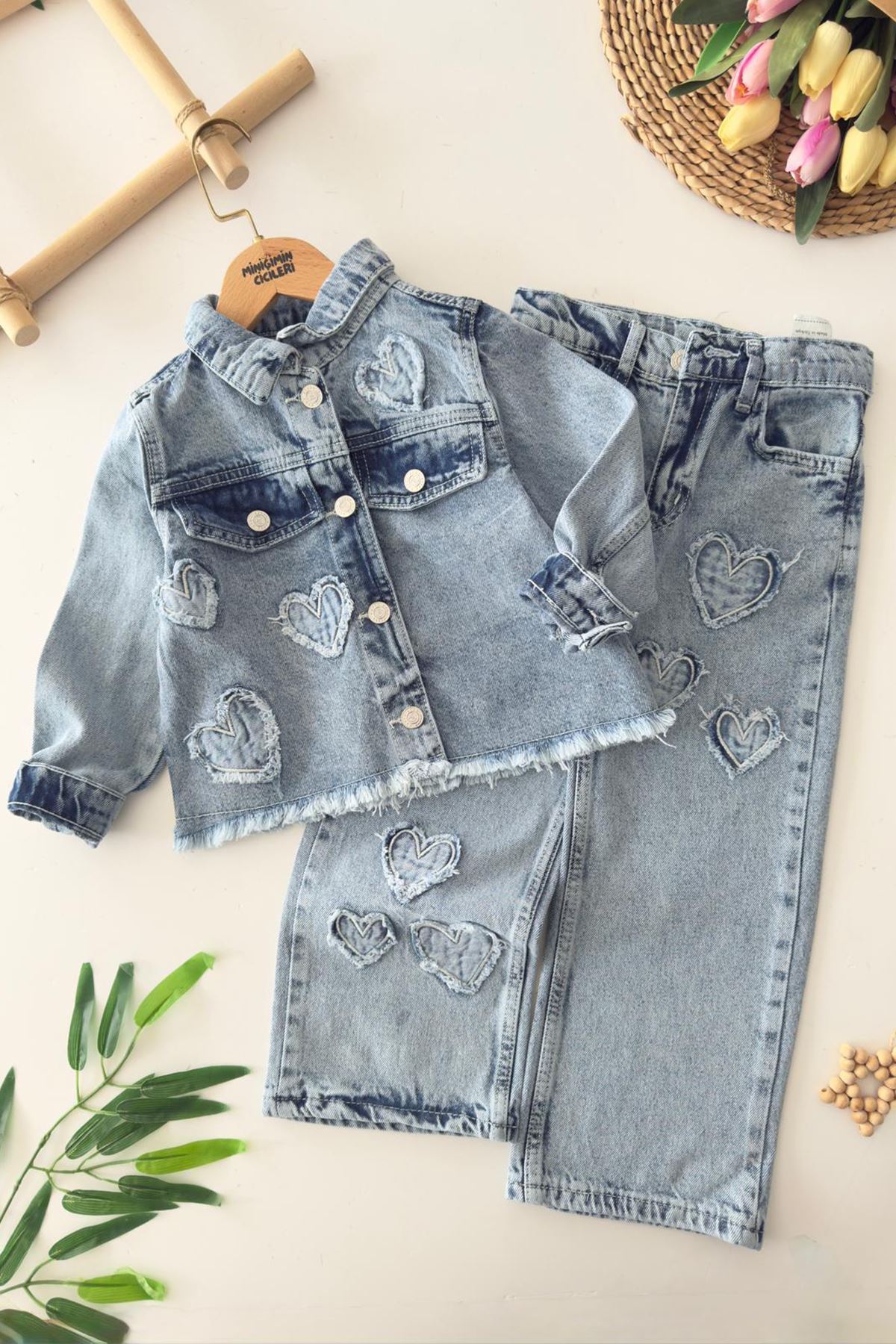 Miniğimin Cicileri Kalp Yama Detaylı Kız Çocuk Ceketli 2 li Takım - Açık Mavi