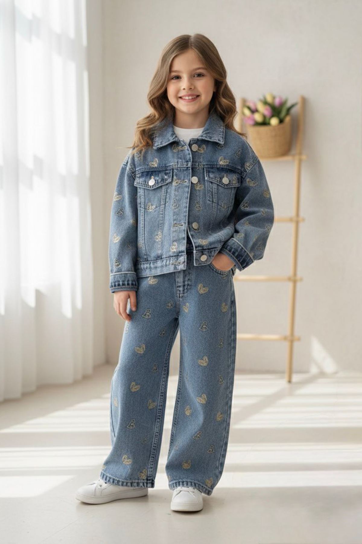 Miniğimin Cicileri Kalp İşleme  Detaylı Cepli Kız Çocuk Ceketli 2 li Takım - Mavi