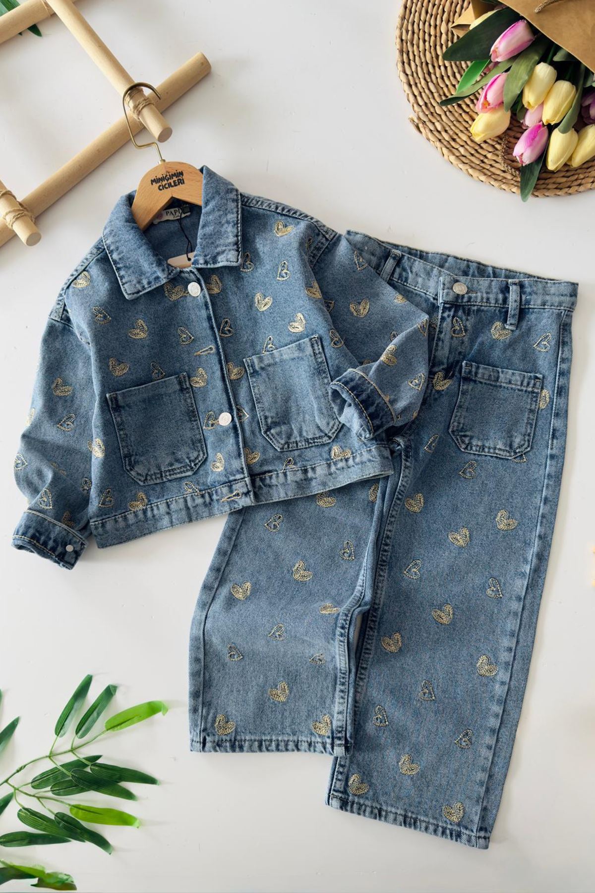 Miniğimin Cicileri Kalp İşleme  Detaylı Cepli Kız Çocuk Ceketli 2 li Takım - Mavi
