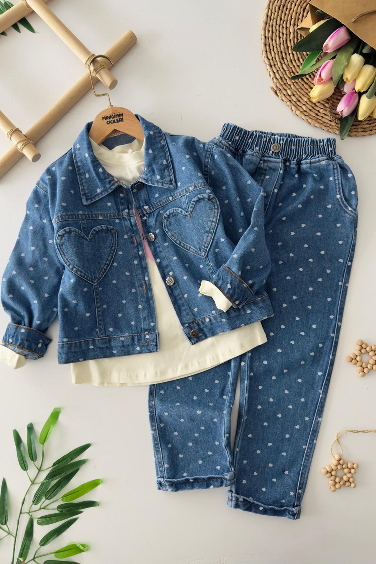 Miniğimin Cicileri Minimal Kalp İşleme  Detaylı Cepli Kız Çocuk Ceketli 3 lü Takım - Koyu Mavi