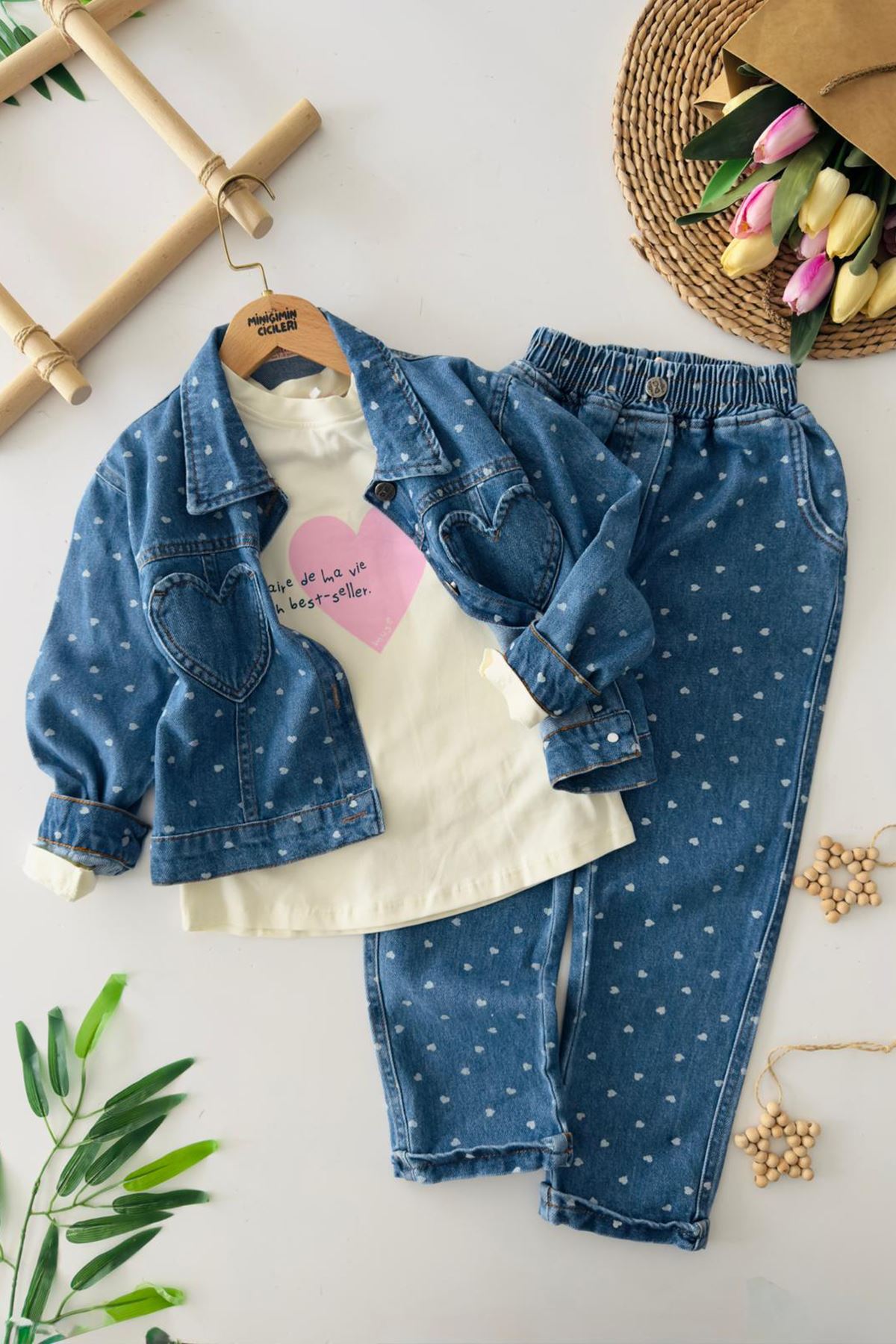Miniğimin Cicileri Minimal Kalp İşleme  Detaylı Cepli Kız Çocuk Ceketli 3 lü Takım - Koyu Mavi
