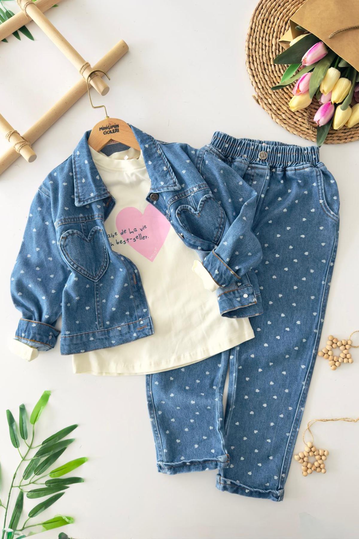 Miniğimin Cicileri Minimal Kalp İşleme  Detaylı Cepli Kız Çocuk Ceketli 3 lü Takım - Açık Mavi