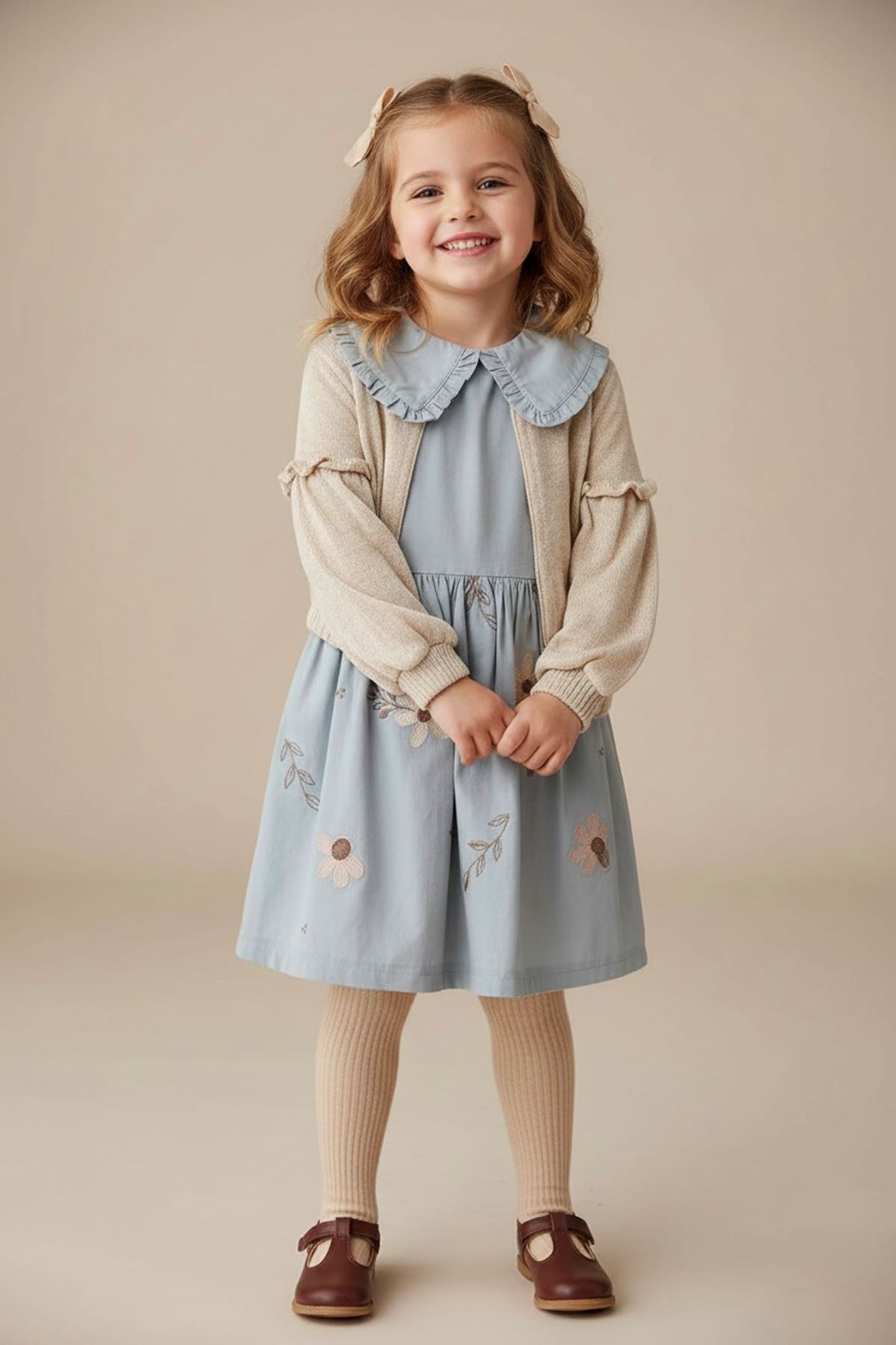 Minigimin Cicileri Çiçek İşlemeli Balon Kol Hırkalı Kız Çocuk Elbise Takım - Mavi