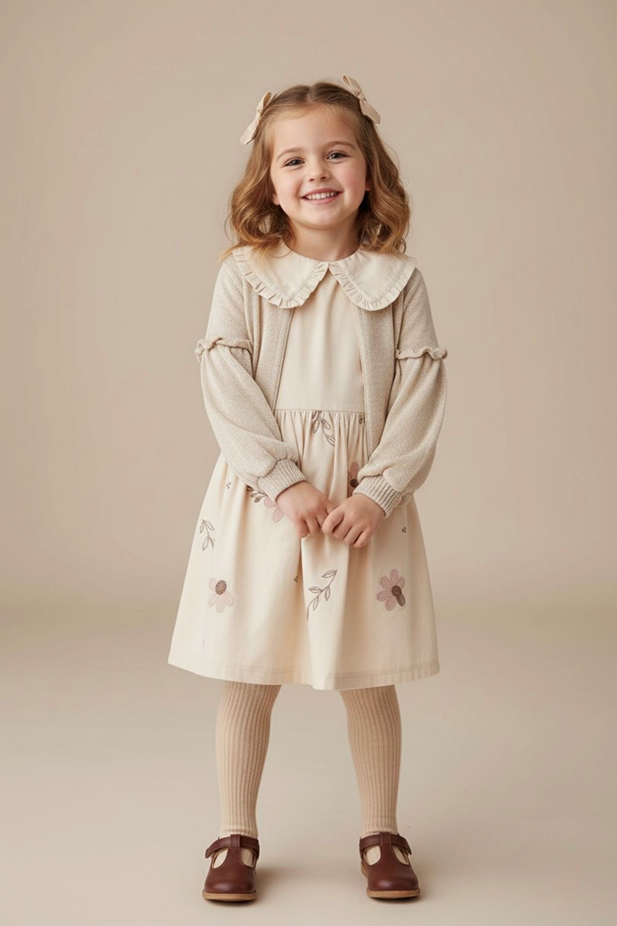 Minigimin Cicileri Çiçek İşlemeli Balon Kol Hırkalı Kız Çocuk Elbise Takım - Krem