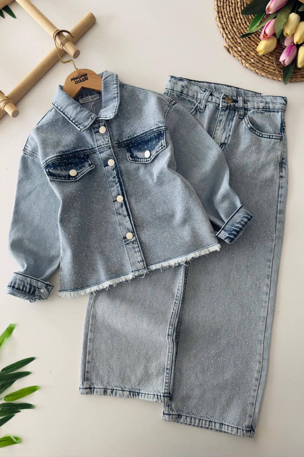 Miniğimin Cicileri Taş Detaylı Kız Çocuk Ceketli 2 li Takım - Açık Mavi