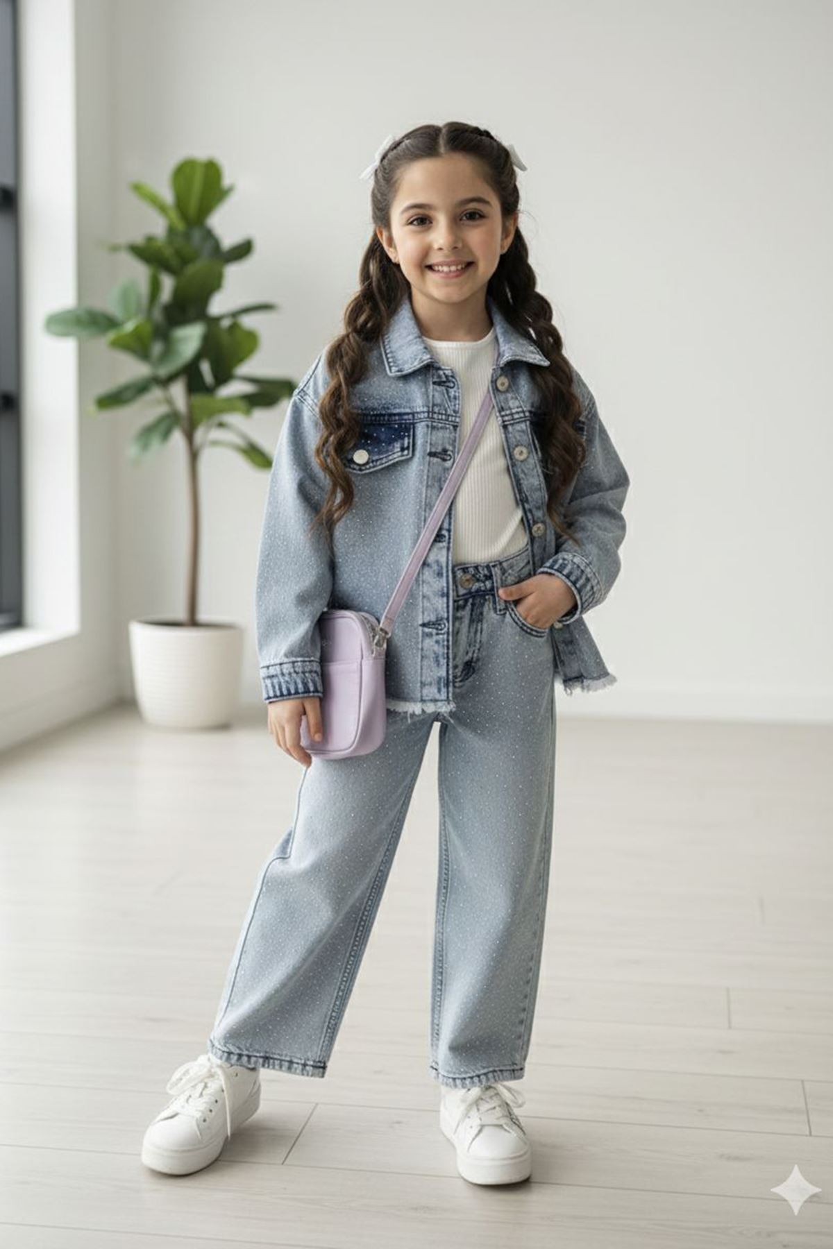 Miniğimin Cicileri Taş Detaylı Kız Çocuk Ceketli 2 li Takım - Açık Mavi