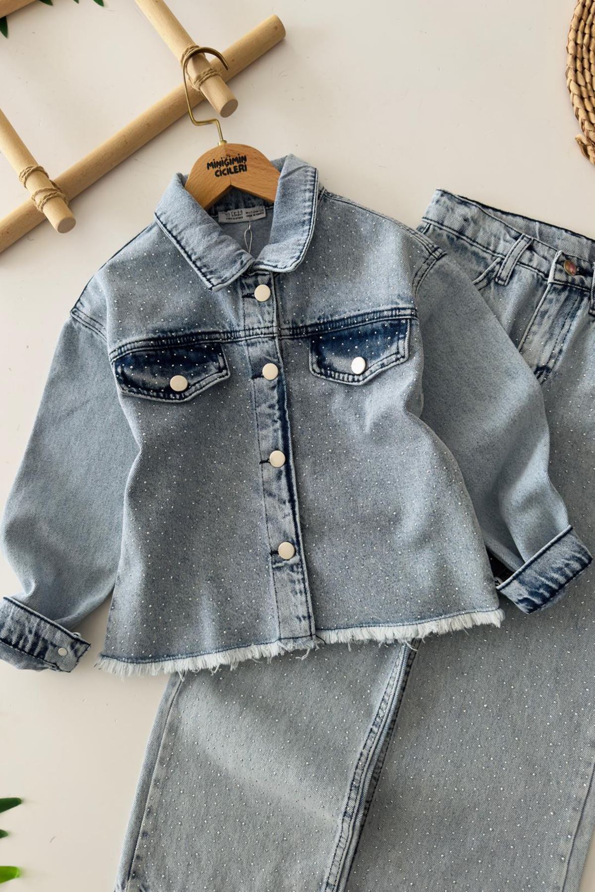 Miniğimin Cicileri Taş Detaylı Kız Çocuk Ceketli 2 li Takım - Açık Mavi