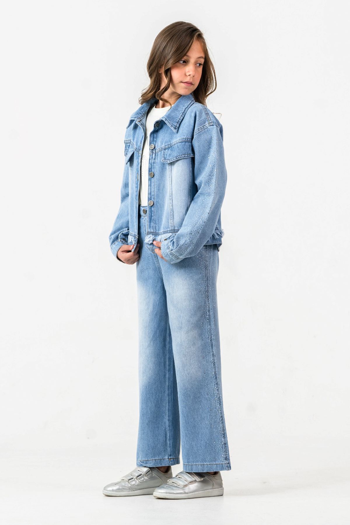 Miniğimin Cicileri  Taş  Şerit Detaylı Kız Çocuk Ceketli 3 lü Takım - Açık Mavi