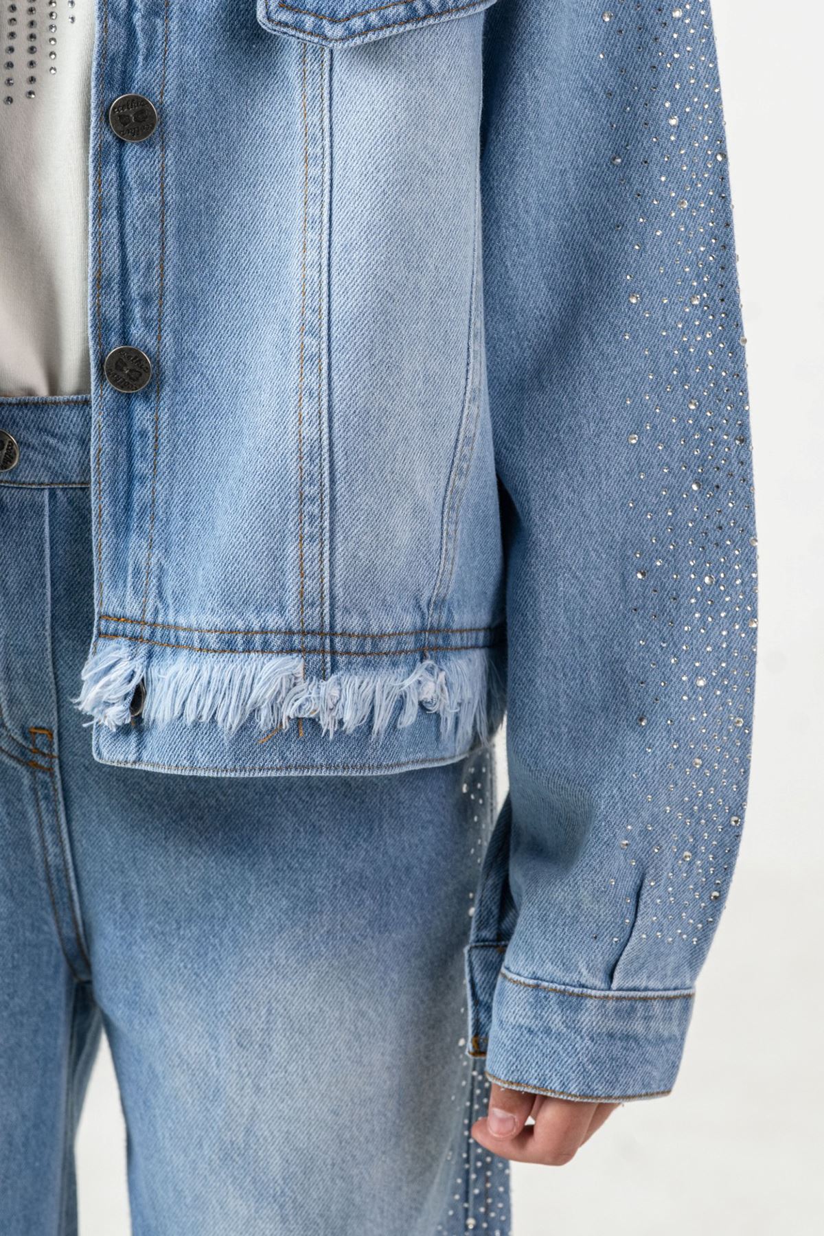 Miniğimin Cicileri  Taş  Şerit Detaylı Kız Çocuk Ceketli 3 lü Takım - Açık Mavi