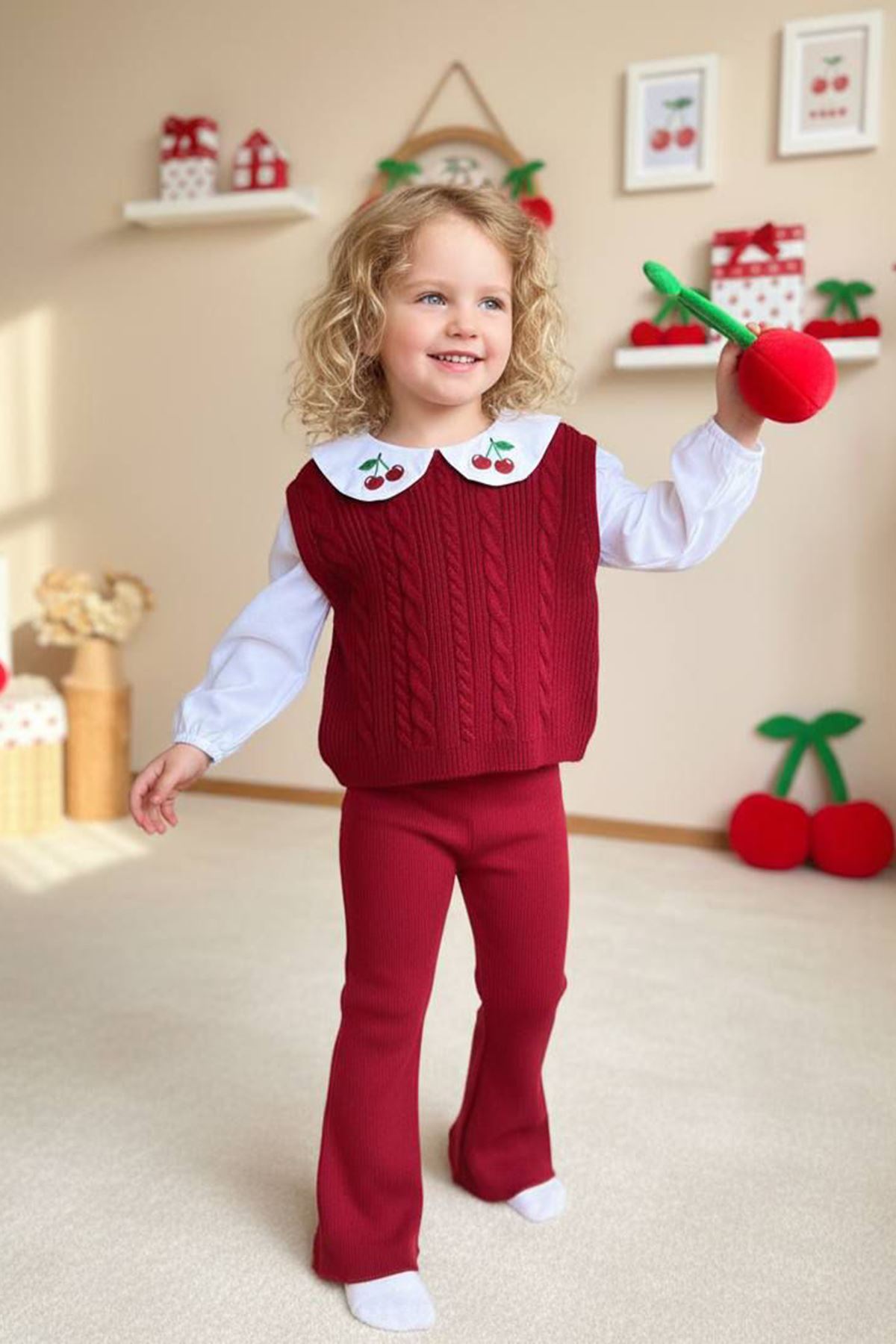 Miniğimin Cicileri Kiraz işleme Örgü Desenli Triko 2 li Takım - Kırmızı