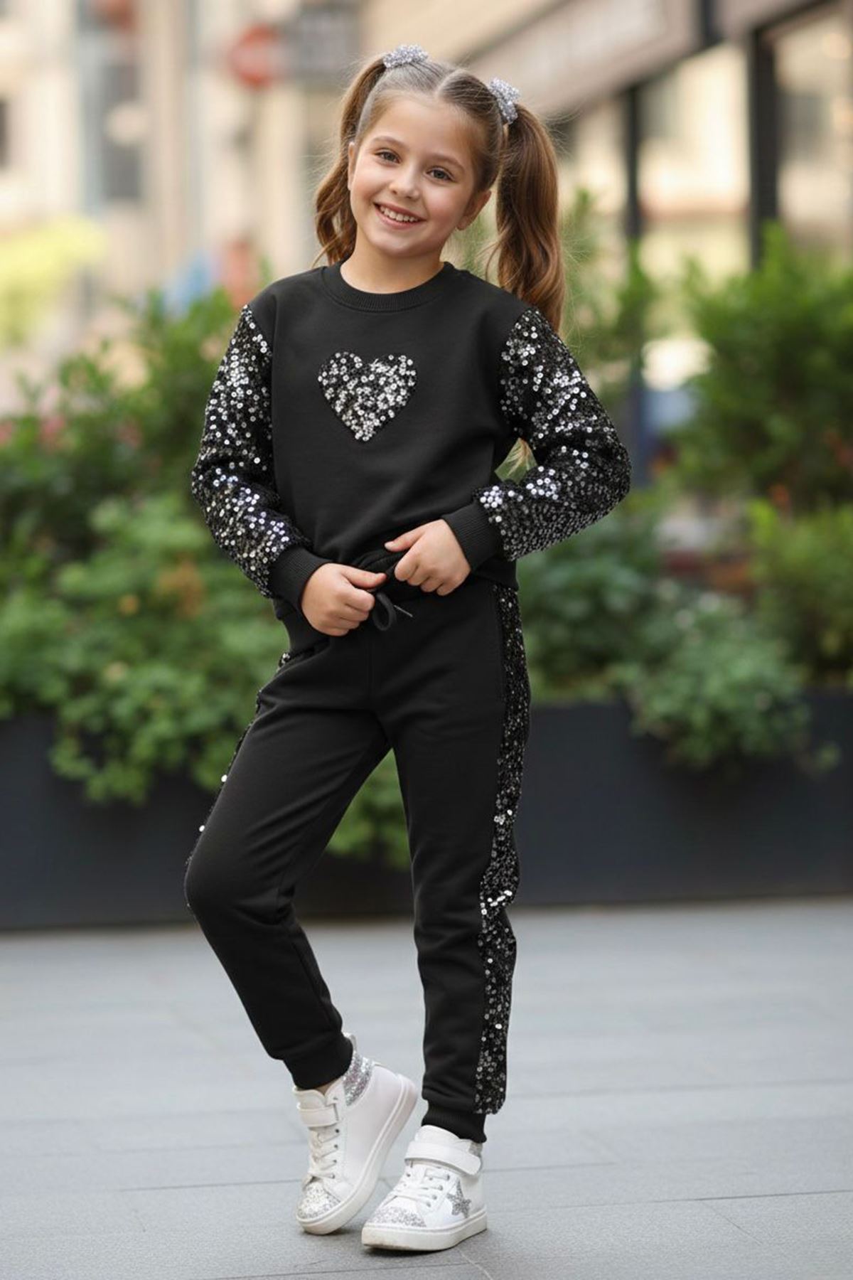 Miniğimin Cicileri Payet Kalp Detaylı Kız Çocuk 2 li Takım - Siyah