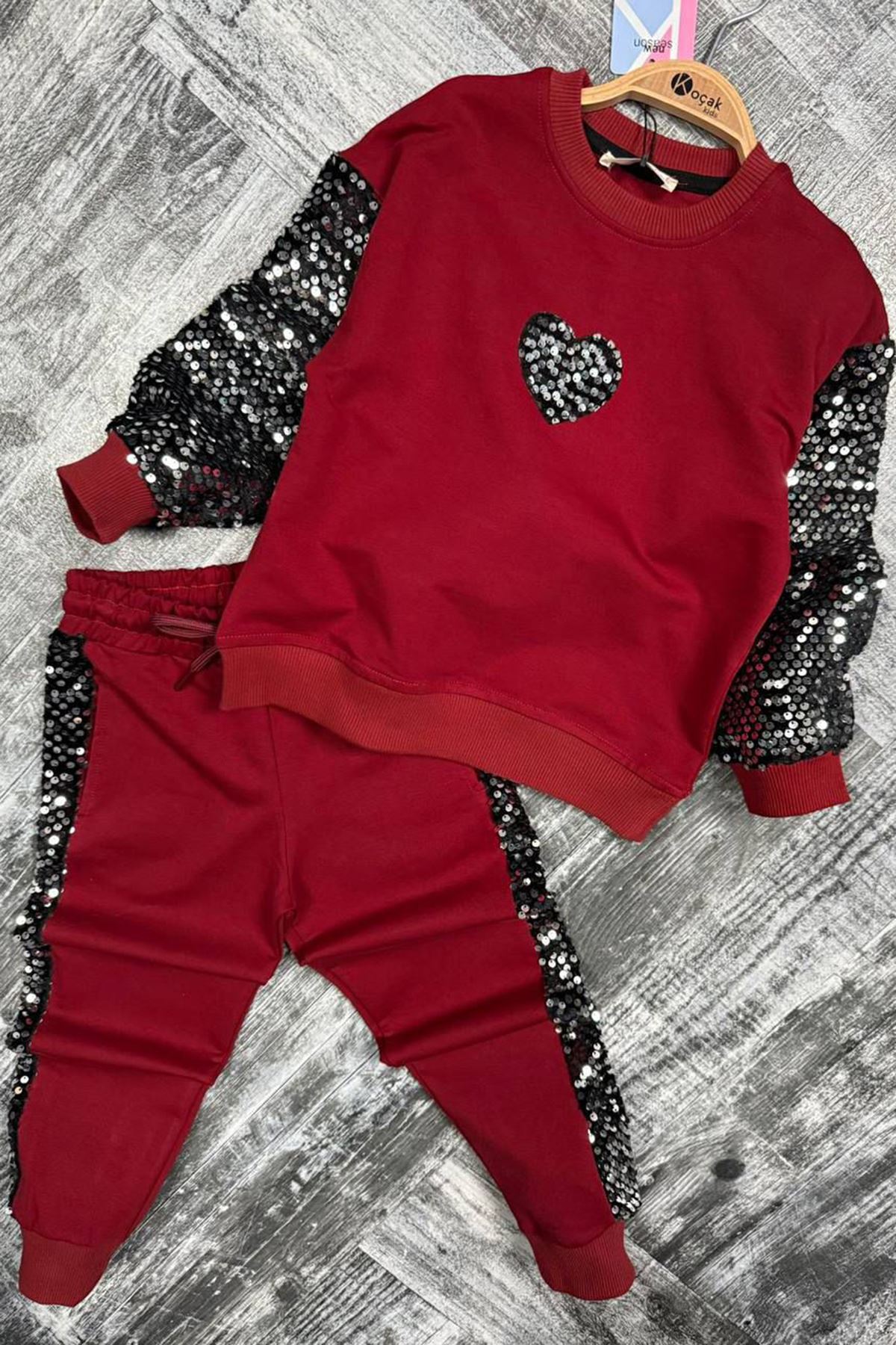 Miniğimin Cicileri Payet Kalp Detaylı Kız Çocuk 2 li Takım - Bordo