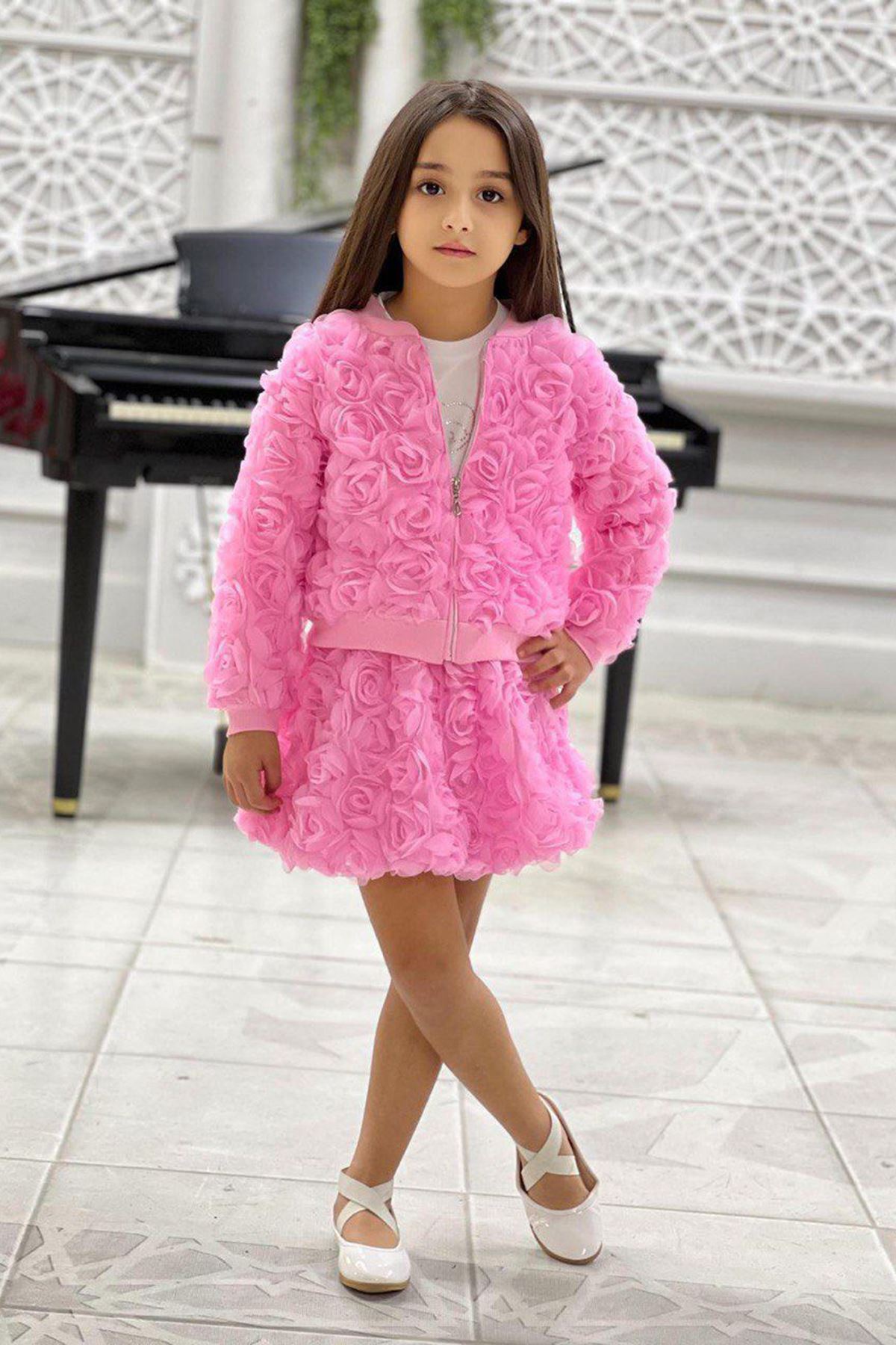 Miniğimin Cicileri Gül Desen Ceketli Taşlı Kız Çocuk 3 lü Takım - Pembe