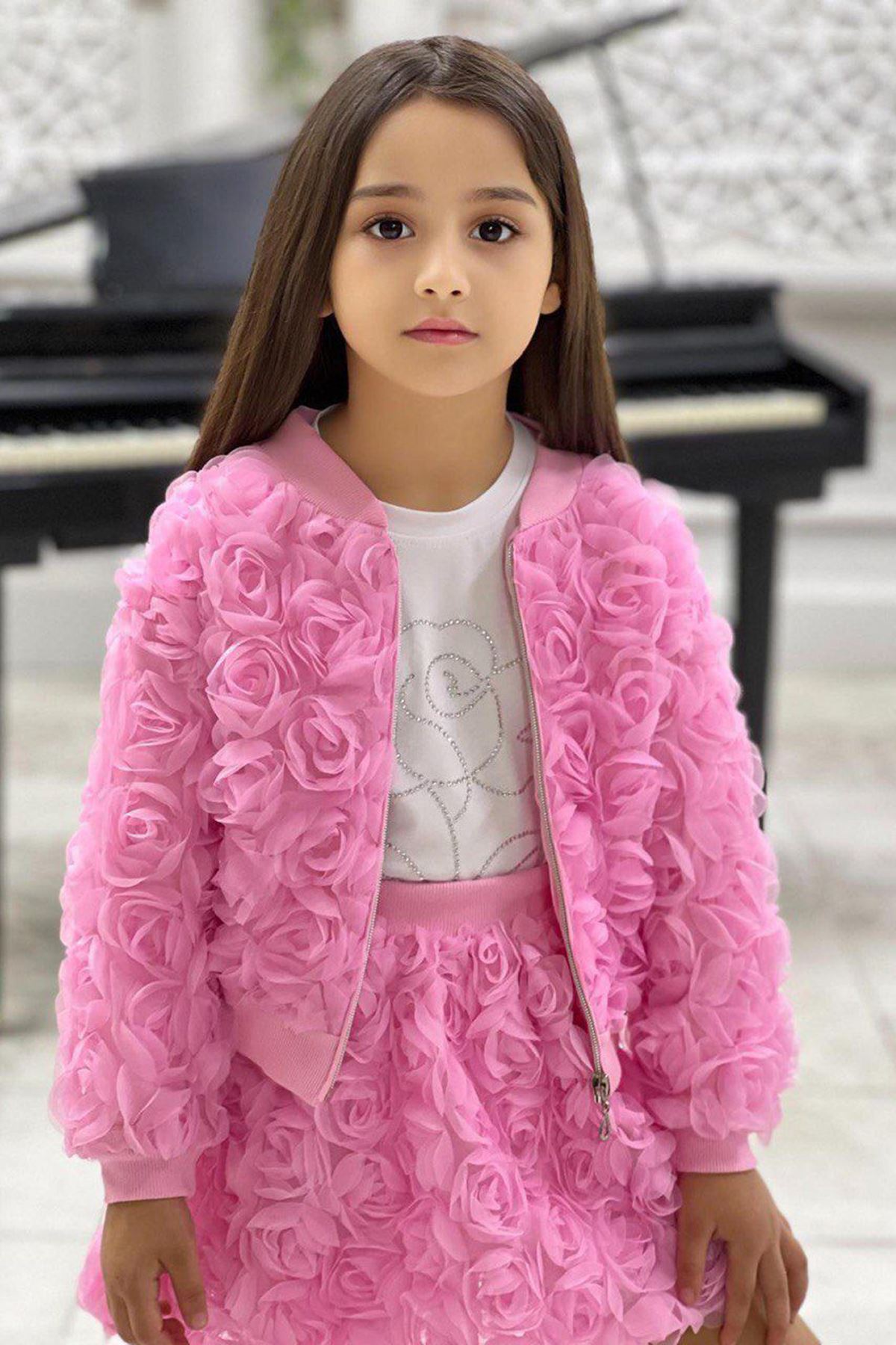 Miniğimin Cicileri Gül Desen Ceketli Taşlı Kız Çocuk 3 lü Takım - Pembe