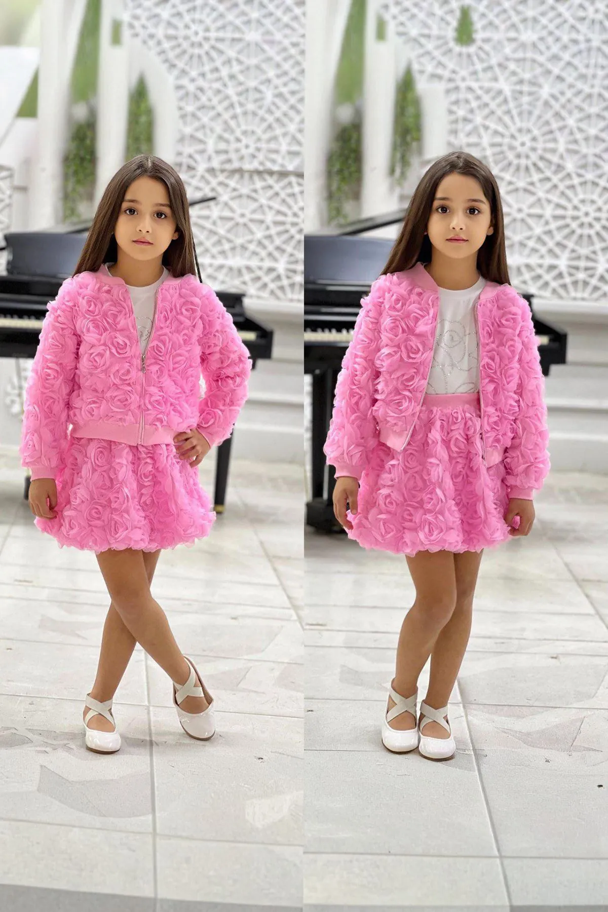 Miniğimin Cicileri Gül Desen Ceketli Taşlı Kız Çocuk 3 lü Takım - Pembe