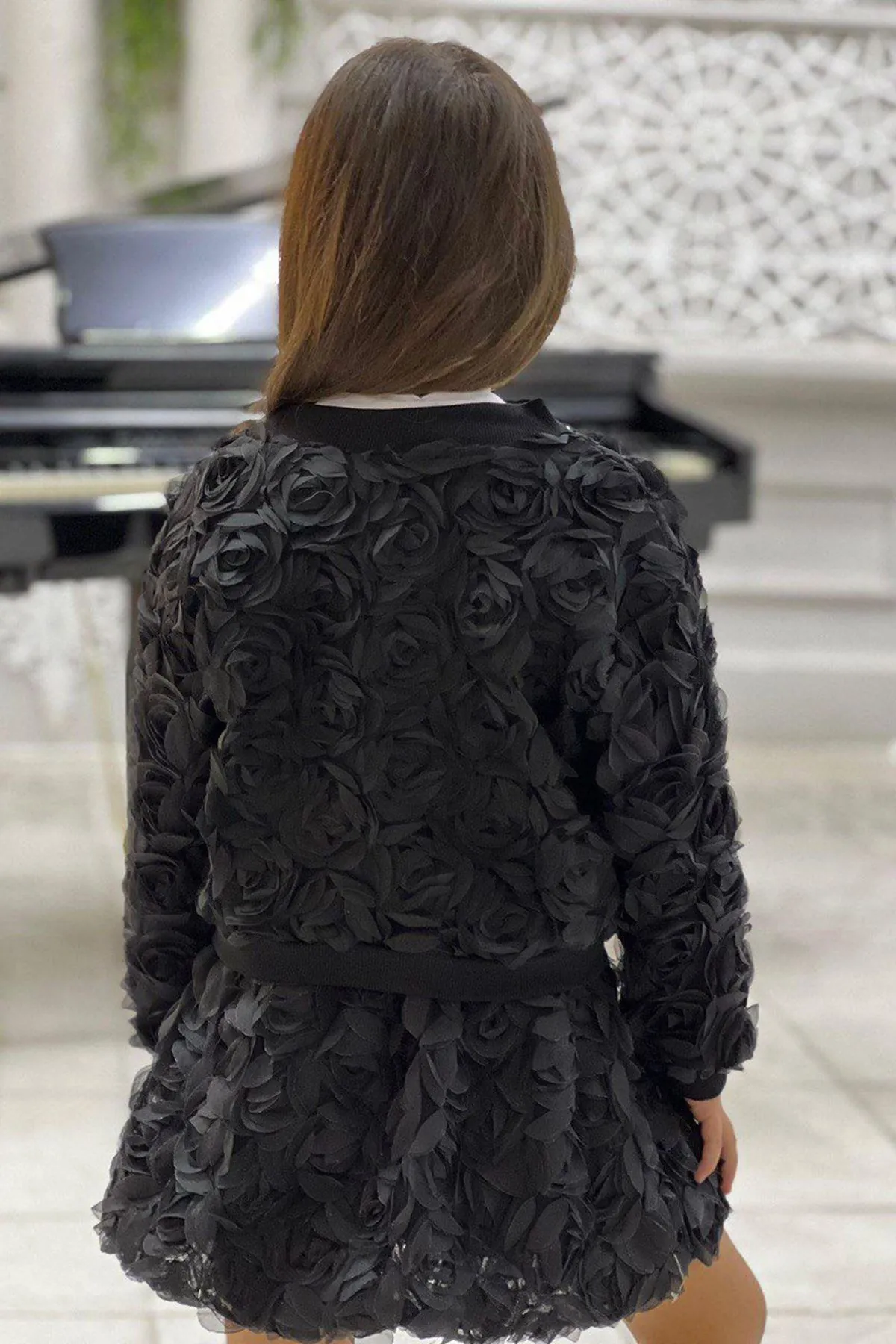 Miniğimin Cicileri Gül Desen Ceketli Taşlı Kız Çocuk 3 lü Takım - Siyah