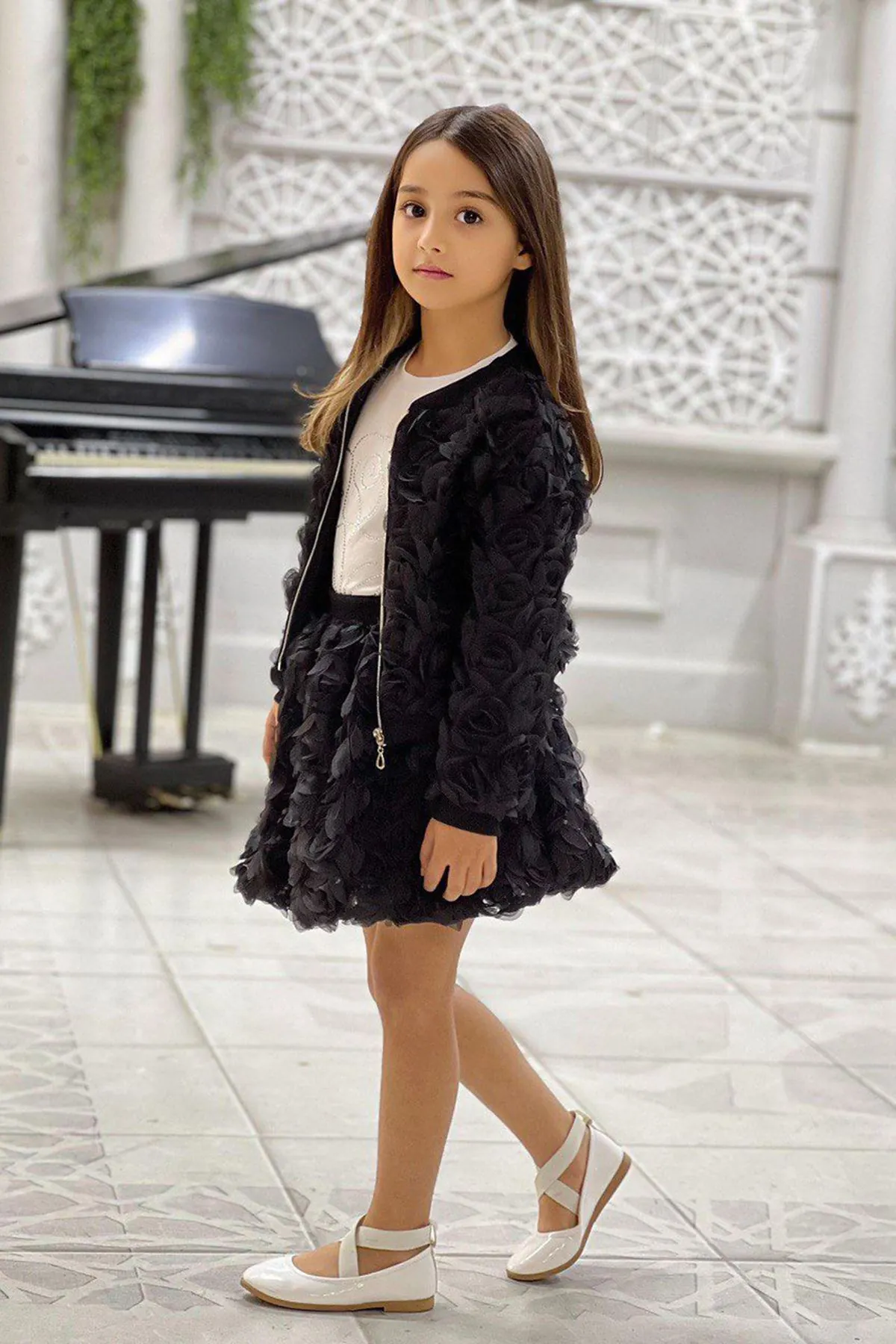 Miniğimin Cicileri Gül Desen Ceketli Taşlı Kız Çocuk 3 lü Takım - Siyah