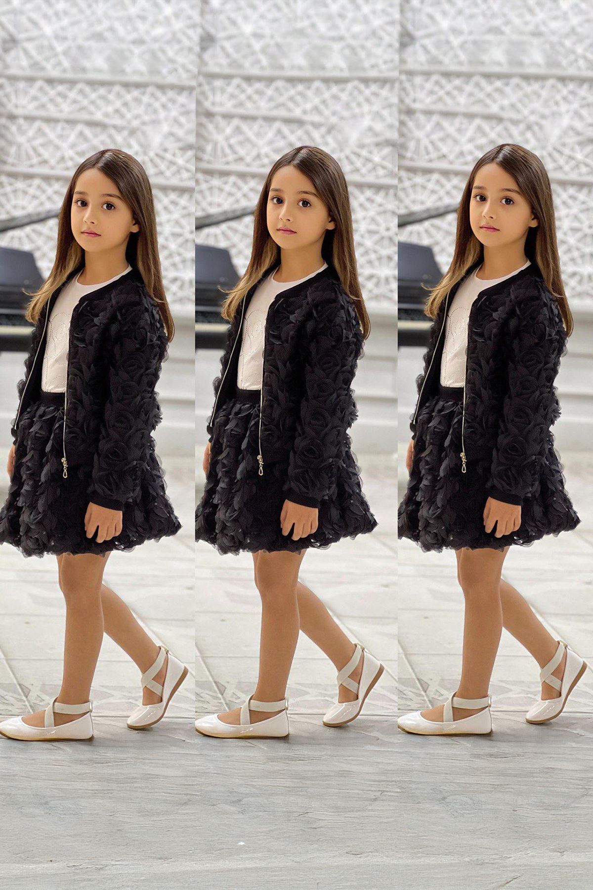 Miniğimin Cicileri Gül Desen Ceketli Taşlı Kız Çocuk 3 lü Takım - Siyah