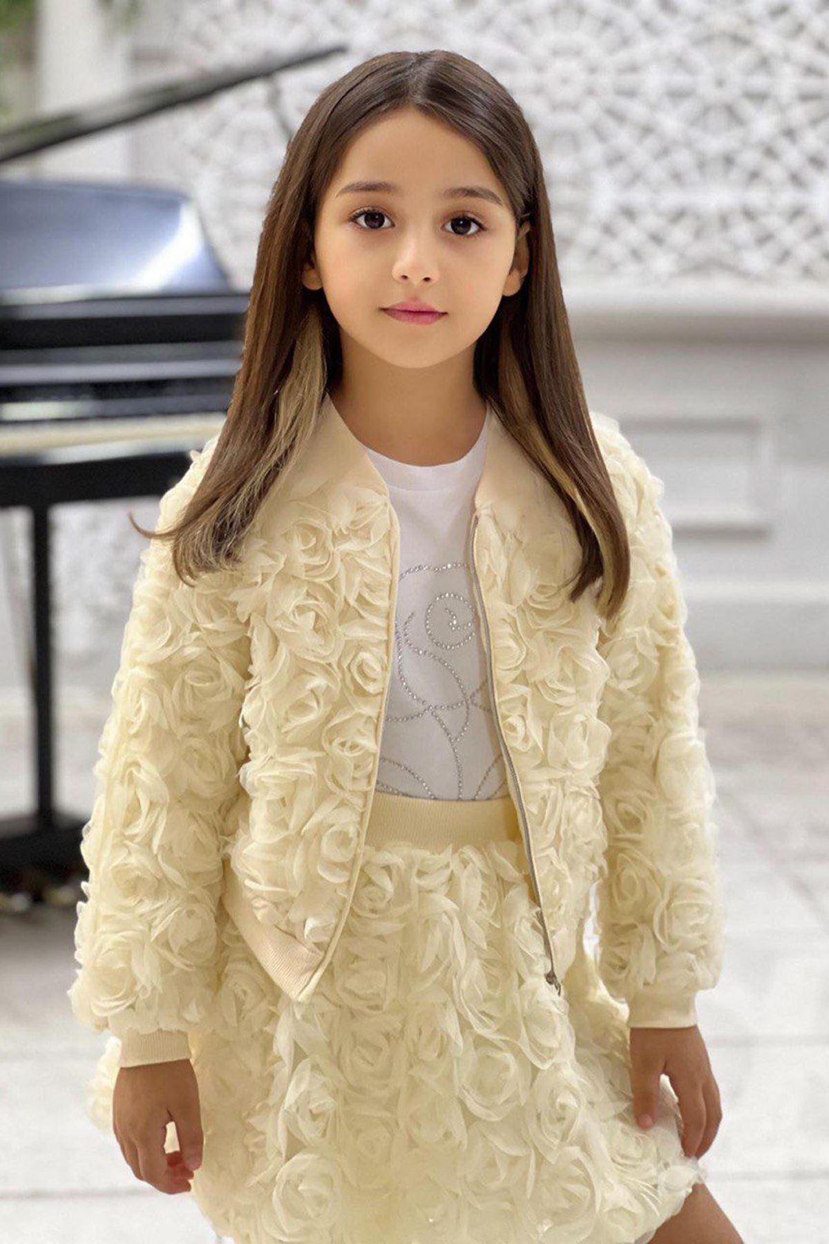 Miniğimin Cicileri Gül Desen Ceketli Taşlı Kız Çocuk 3 lü Takım - Bej