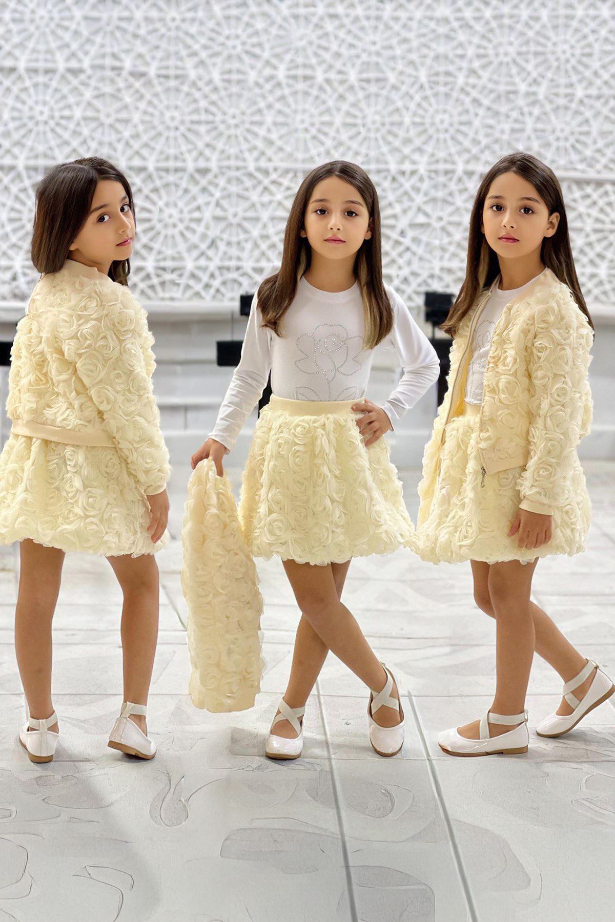 Miniğimin Cicileri Gül Desen Ceketli Taşlı Kız Çocuk 3 lü Takım - Bej