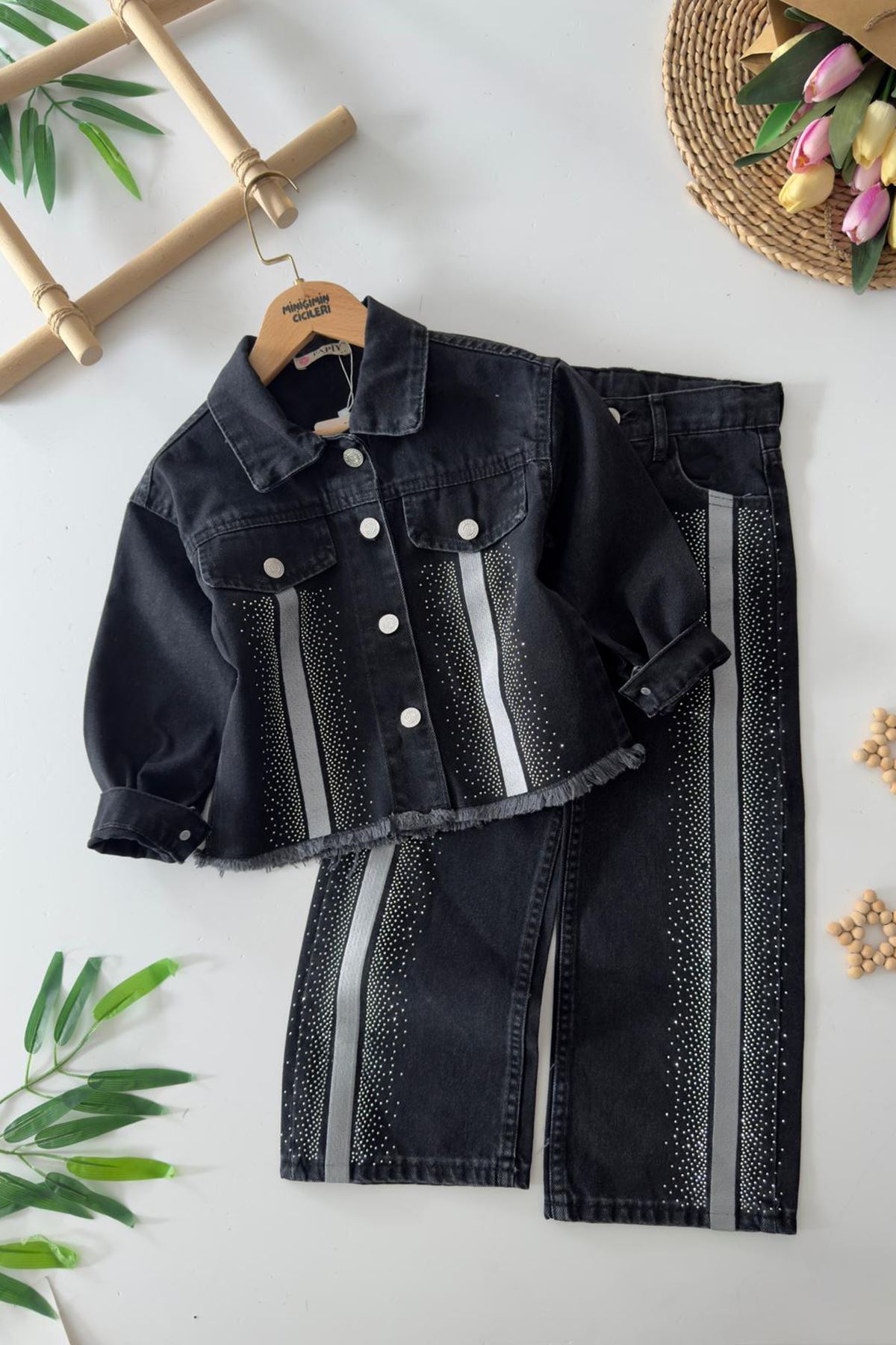 Miniğimin Cicileri Şeritli Taş Detaylı Spor Kız Çocuk 2 li Kot Takım - Siyah