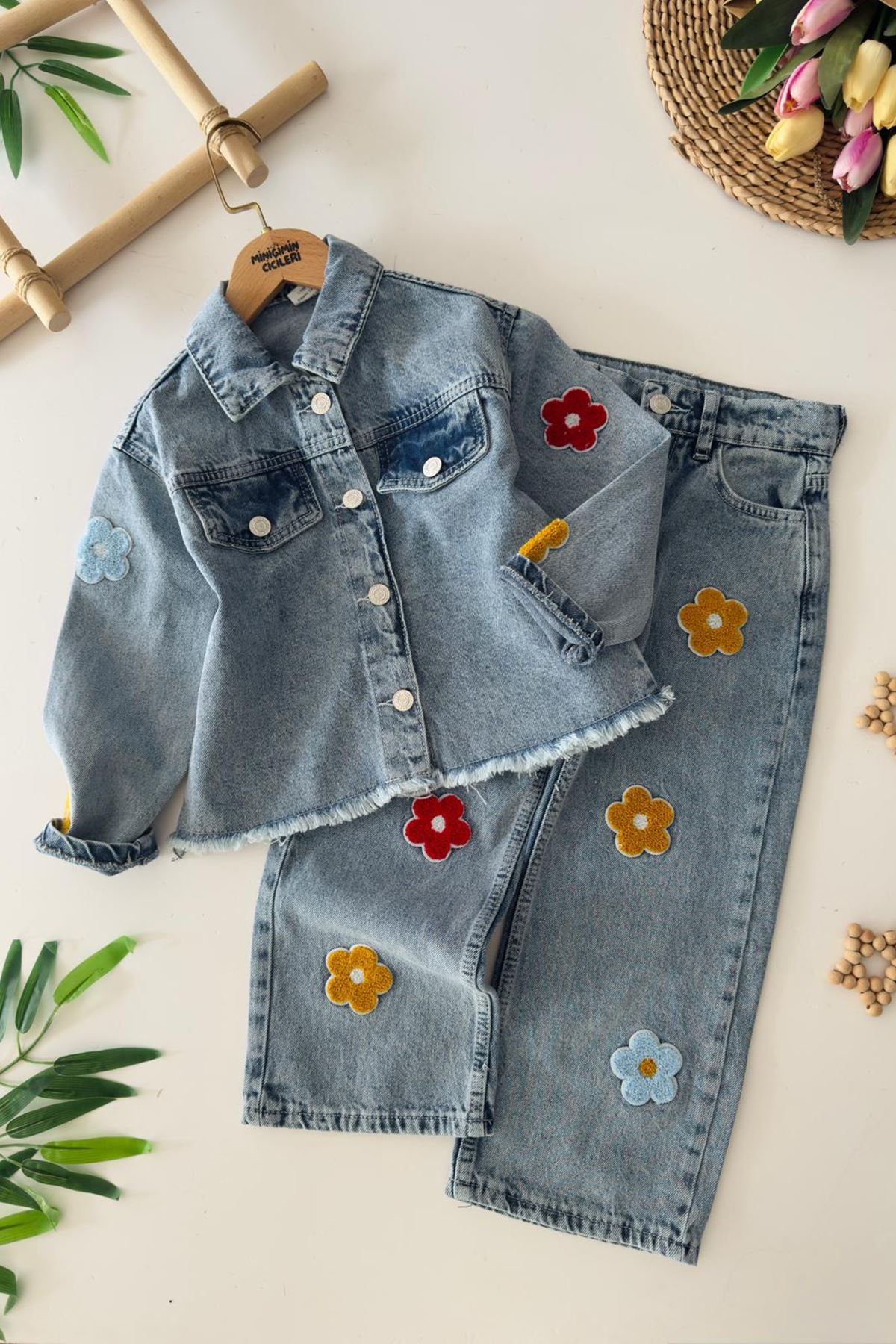 Miniğimin Cicileri Papatya Renkli Panç Detaylı Kız Çocuk Kot 2 li Takım - Açık Mavi