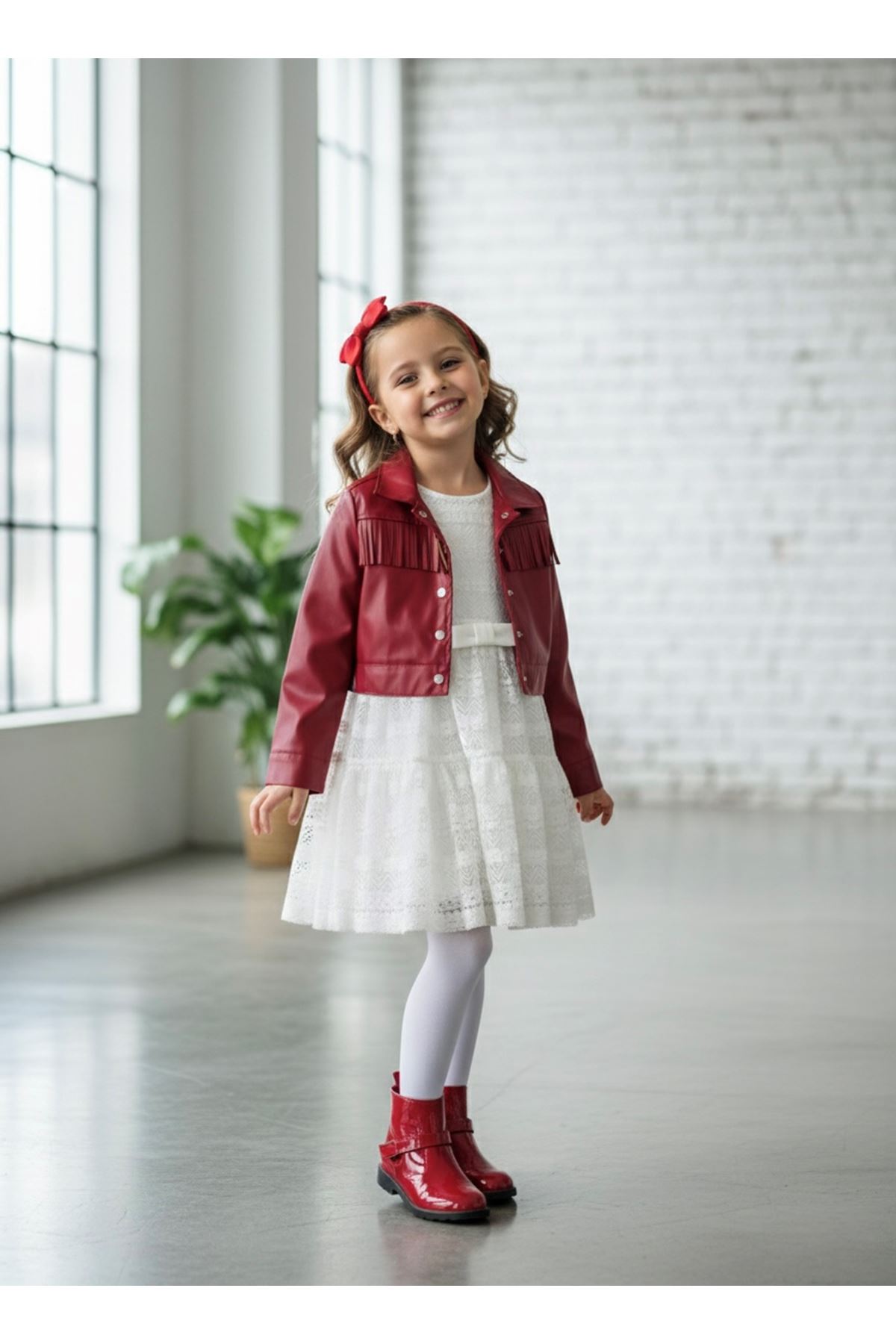 Miniğimin Cicileri Dantel Detaylı Beyaz Elbise ve Püsküllü Deri Ceket Kız Çocuk Takımı - Kırmızı