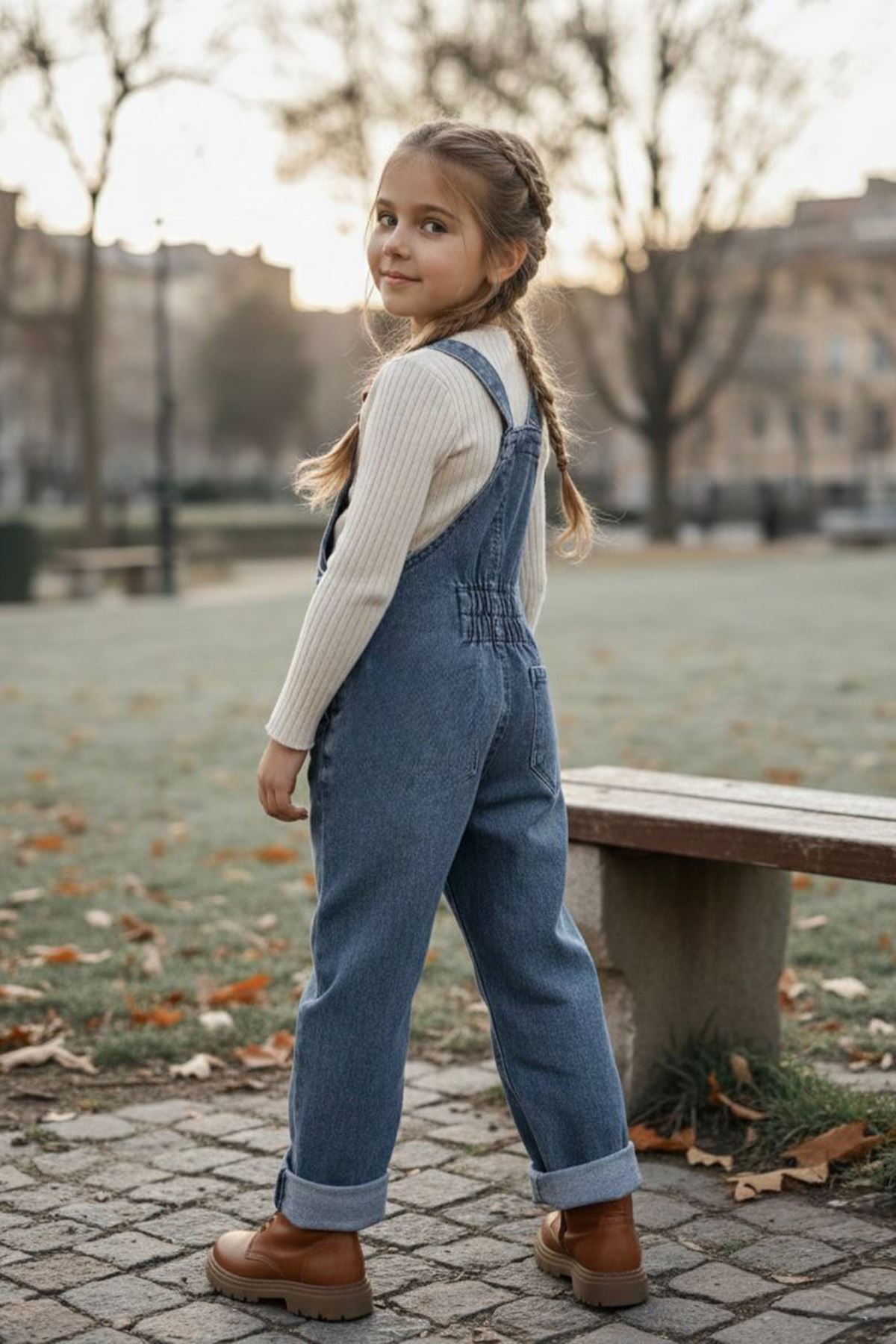 Miniğimin Cicileri Papatya Baskılı Kız Çocuk Kot Salopet - Mavi