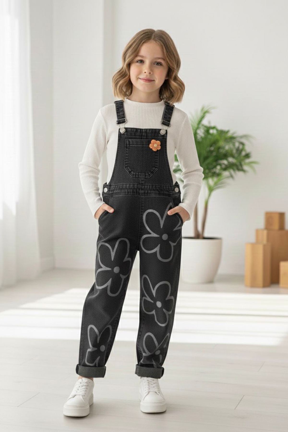 Miniğimin Cicileri Papatya Baskılı Kız Çocuk Kot Salopet - Siyah