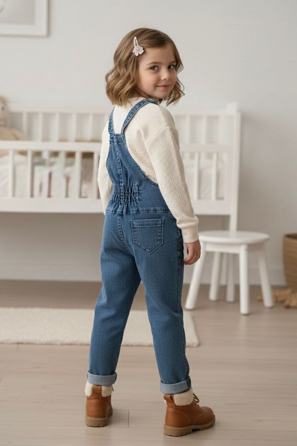 Miniğimin Cicileri Kalp Baskılı Cepli Kız Çocuk Kot Salopet - Mavi