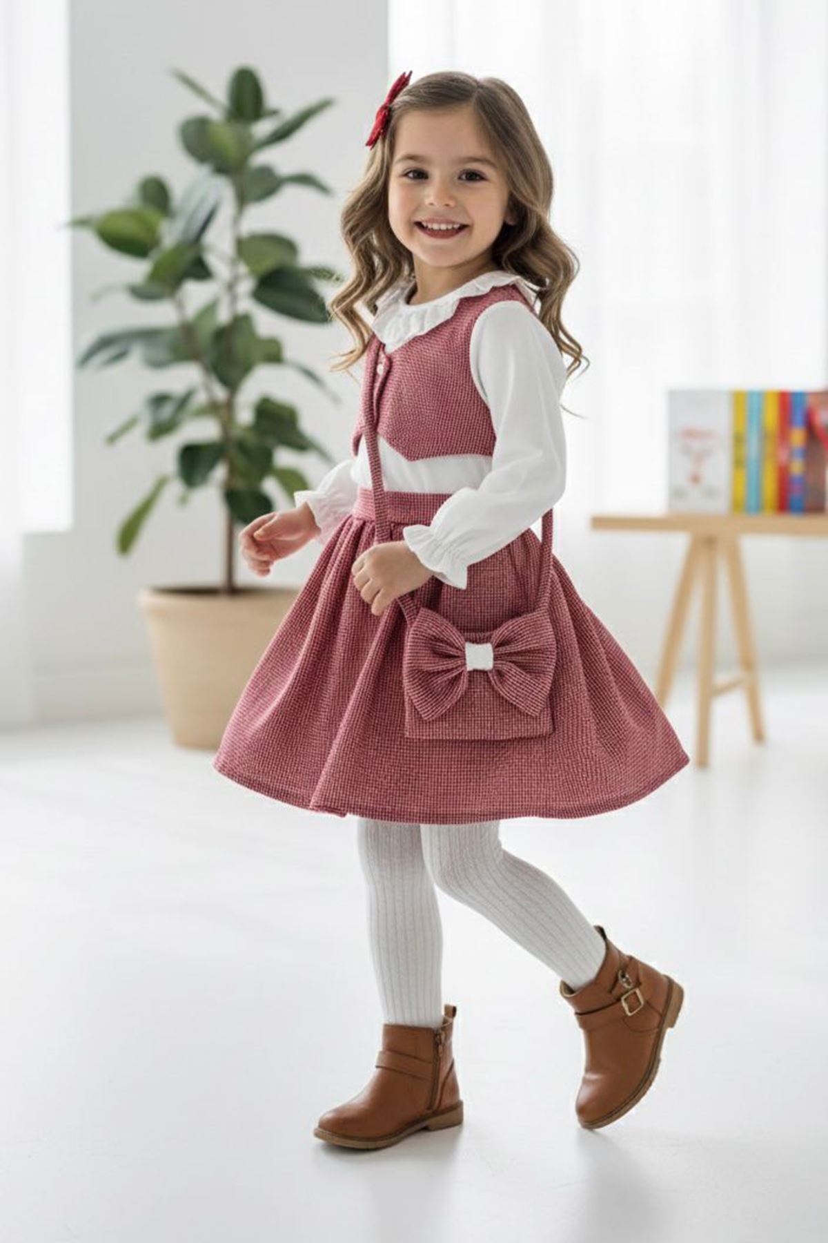 Miniğimin Cicileri Fırfır Yakalı Bluzlu Yelek Detaylı Etekli Kız Çocuk Çantalı 3’lü Takım - Bordo